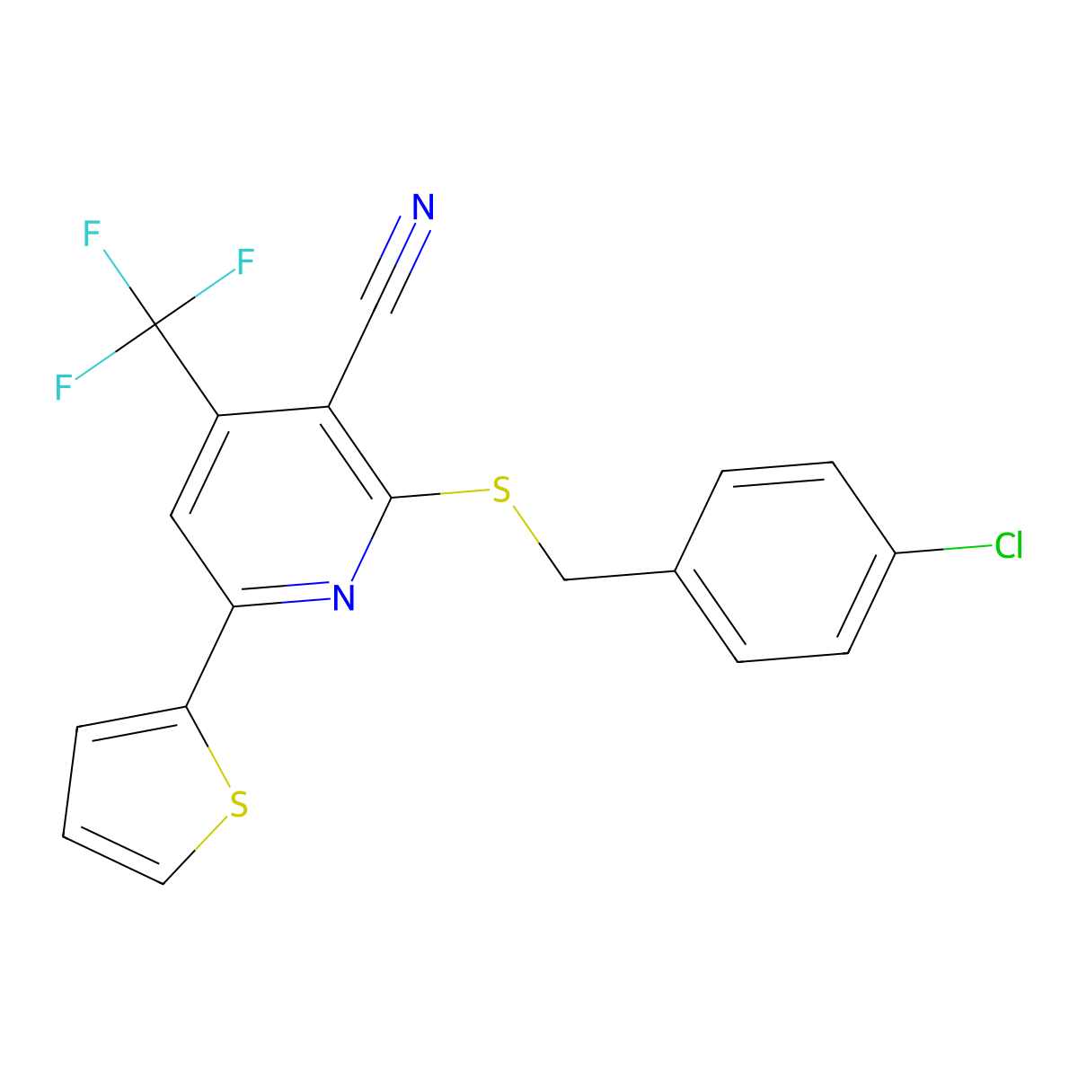 2-((4-Chlorobenzyl)thio)-6-(2-thienyl)-4-(trifluoromethyl)nicotinonitrile molecular structure, CAS 330551-79-6