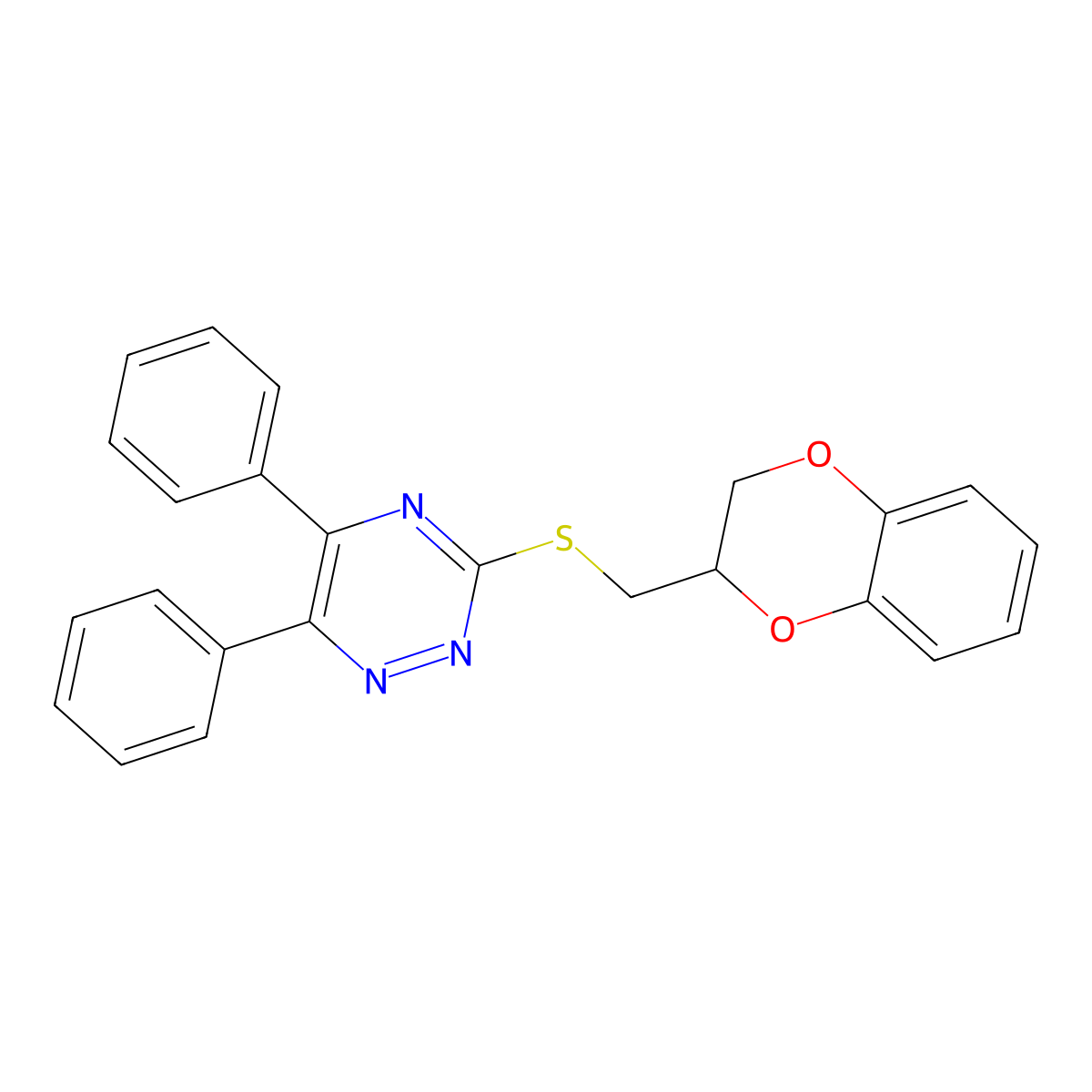 3-((2,3-Dihydro-1,4-benzodioxin-2-ylmethyl)thio)-5,6-diphenyl-1,2,4-triazine molecular structure, CAS 330551-85-4