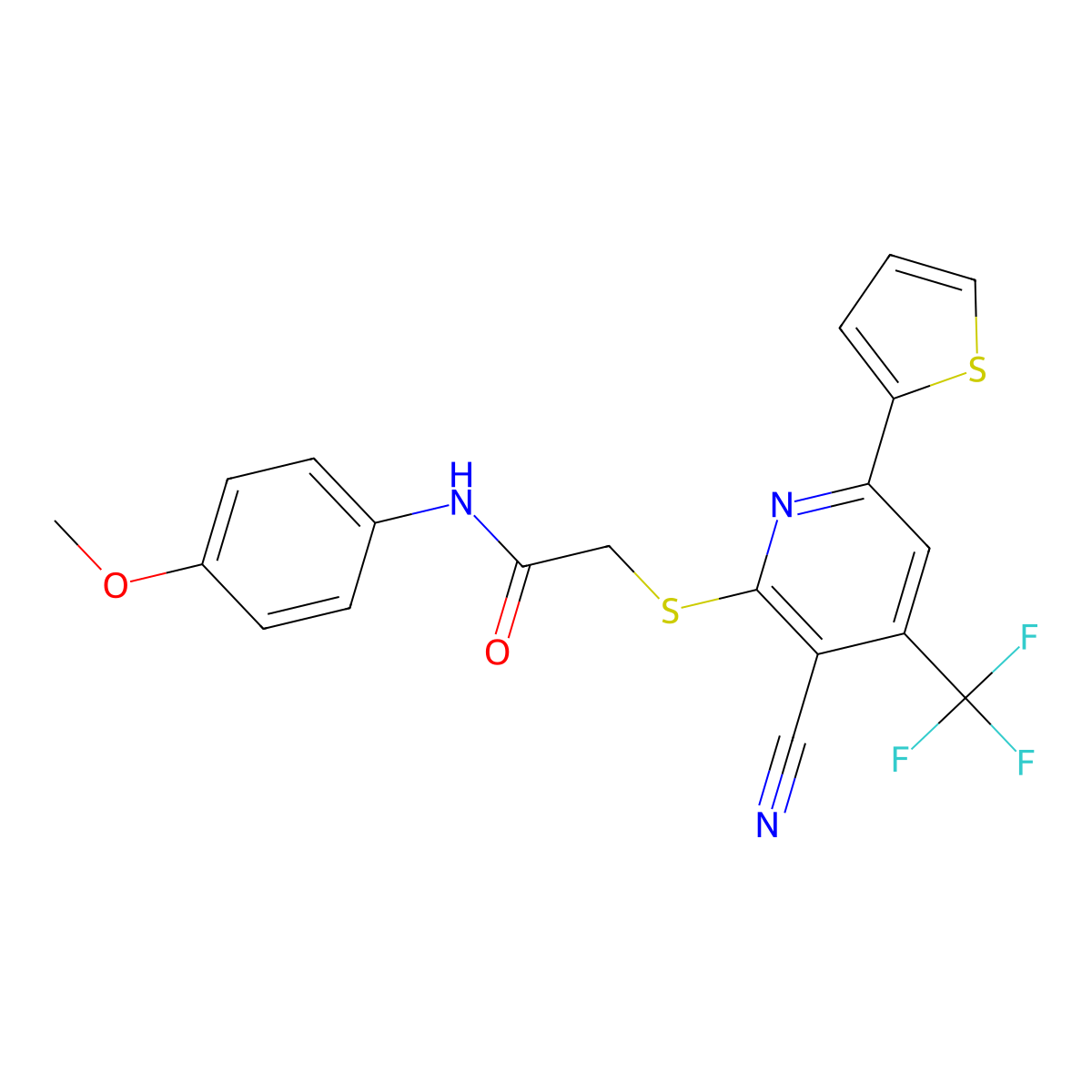 2-((3-Cyano-6-(2-thienyl)-4-(tri-F-ME)-2-pyridinyl)thio)-N-(4-meo-PH)acetamide molecular structure, CAS 330551-87-6