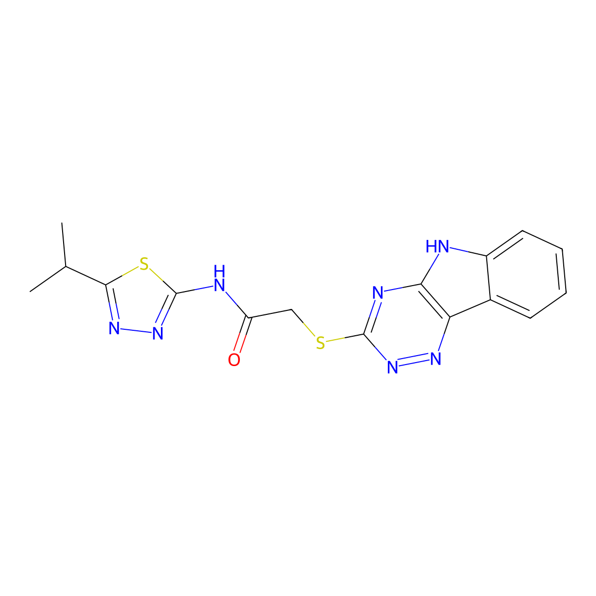 N-(5-propan-2-yl-1,3,4-thiadiazol-2-yl)-2-(5H-[1,2,4]triazino[5,6-b]indol-3-ylsulfanyl)acetamide molecular structure, CAS 330555-26-5