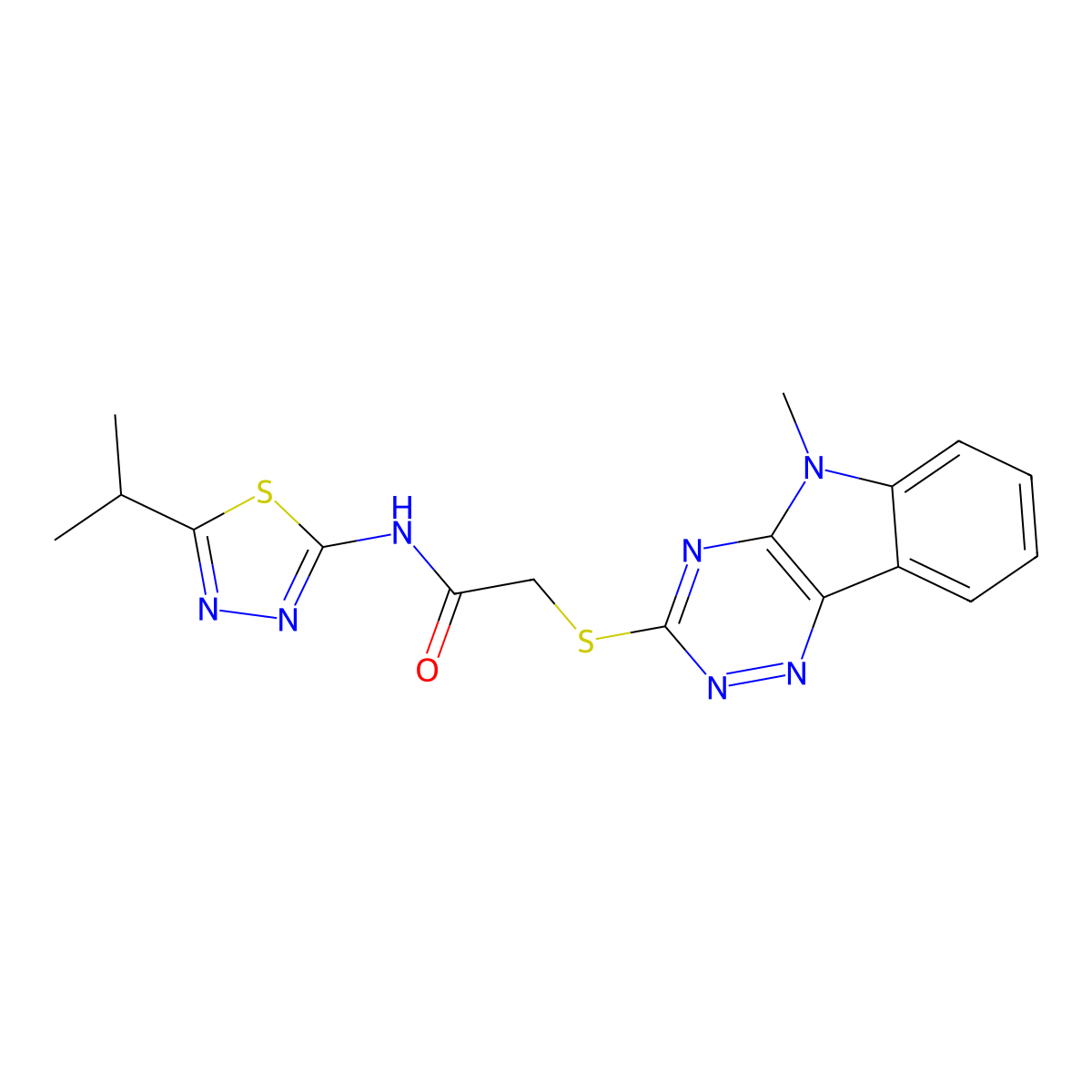 2-[(5-methyl-[1,2,4]triazino[5,6-b]indol-3-yl)sulfanyl]-N-(5-propan-2-yl-1,3,4-thiadiazol-2-yl)acetamide molecular structure, CAS 330555-33-4