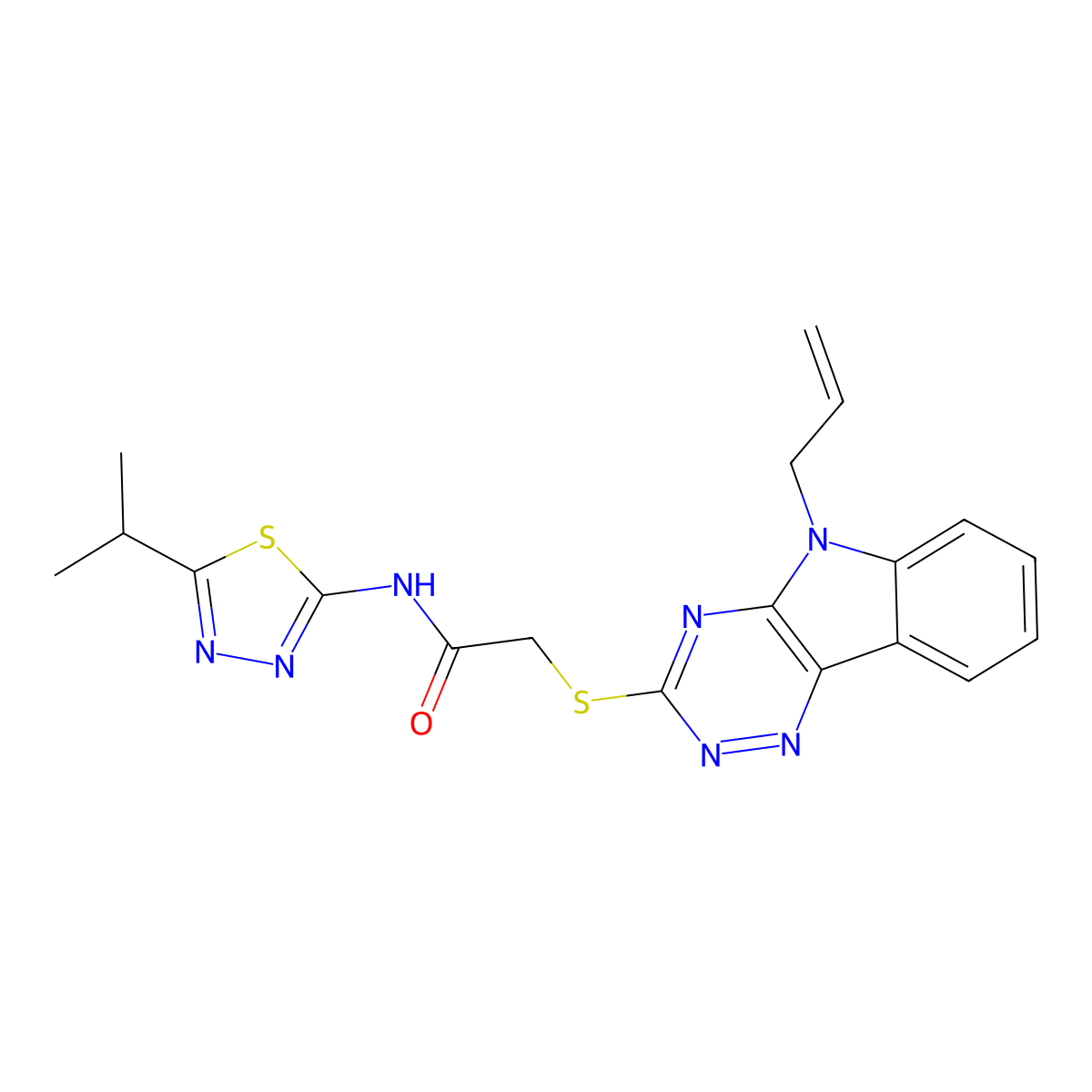 N-(5-propan-2-yl-1,3,4-thiadiazol-2-yl)-2-[(5-prop-2-enyl-[1,2,4]triazino[5,6-b]indol-3-yl)sulfanyl]acetamide molecular structure, CAS 330555-38-9