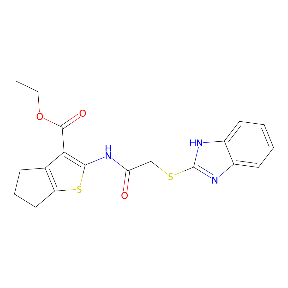 Ethyl 2-(2-((1H-benzo[d]imidazol-2-yl)thio)acetamido)-5,6-dihydro-4H-cyclopenta[b]thiophene-3-carboxylate molecular structure, CAS 330555-46-9