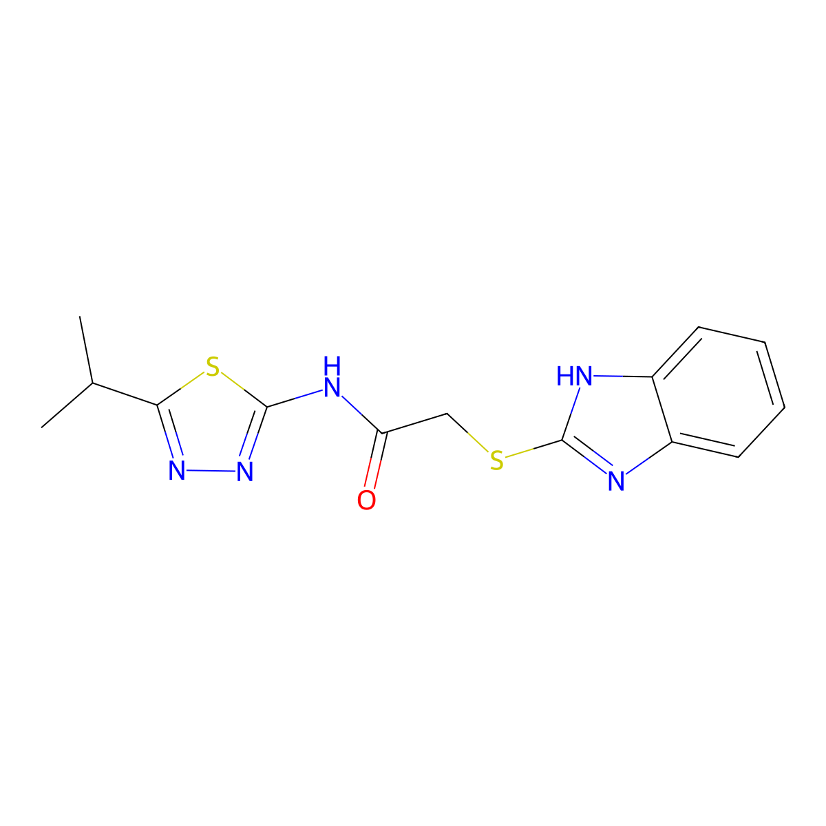2-((1H-benzo[d]imidazol-2-yl)thio)-N-(5-isopropyl-1,3,4-thiadiazol-2-yl)acetamide molecular structure, CAS 330555-50-5