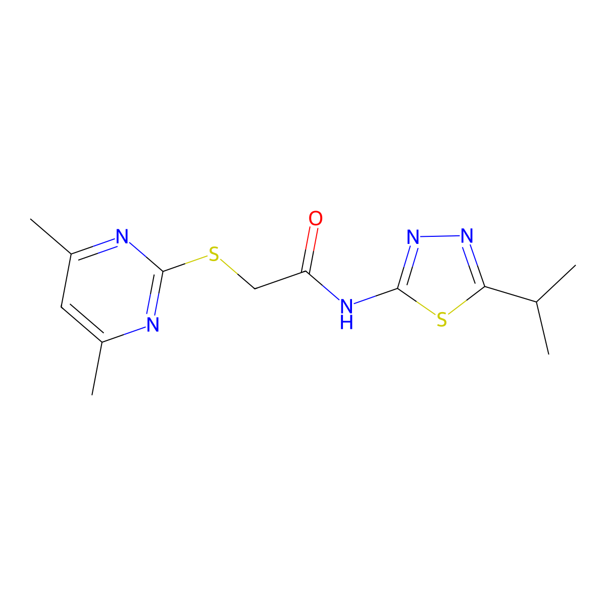 2-(4,6-dimethylpyrimidin-2-yl)sulfanyl-N-(5-propan-2-yl-1,3,4-thiadiazol-2-yl)acetamide molecular structure, CAS 330555-56-1