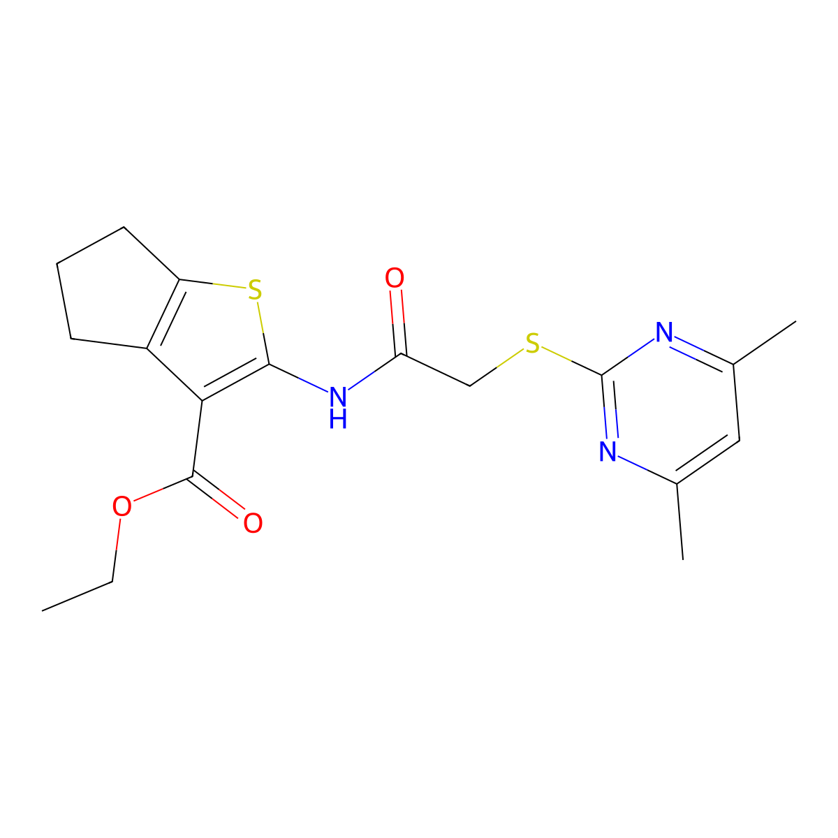 ethyl 2-(2-((4,6-dimethylpyrimidin-2-yl)thio)acetamido)-5,6-dihydro-4H-cyclopenta[b]thiophene-3-carboxylate molecular structure, CAS 330555-57-2