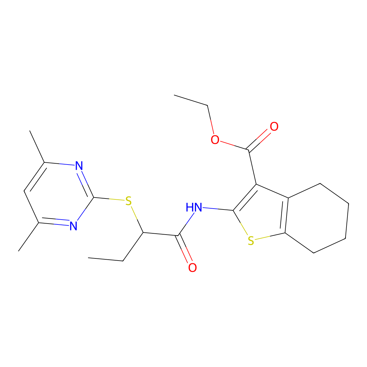 Ethyl 2-({2-[(4,6-dimethylpyrimidin-2-yl)sulfanyl]butanoyl}amino)-4,5,6,7-tetrahydro-1-benzothiophene-3-carboxylate molecular structure, CAS 330555-62-9