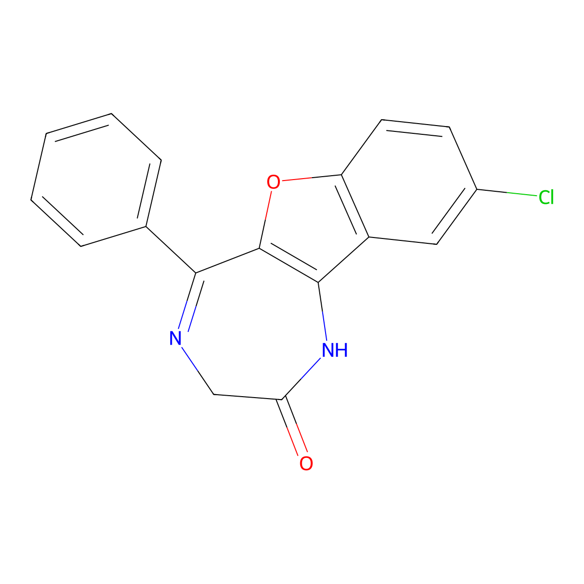 9-chloro-5-phenyl-1,3-dihydro-2H-[1]benzofuro[3,2-e][1,4]diazepin-2-one molecular structure, CAS 330555-70-9