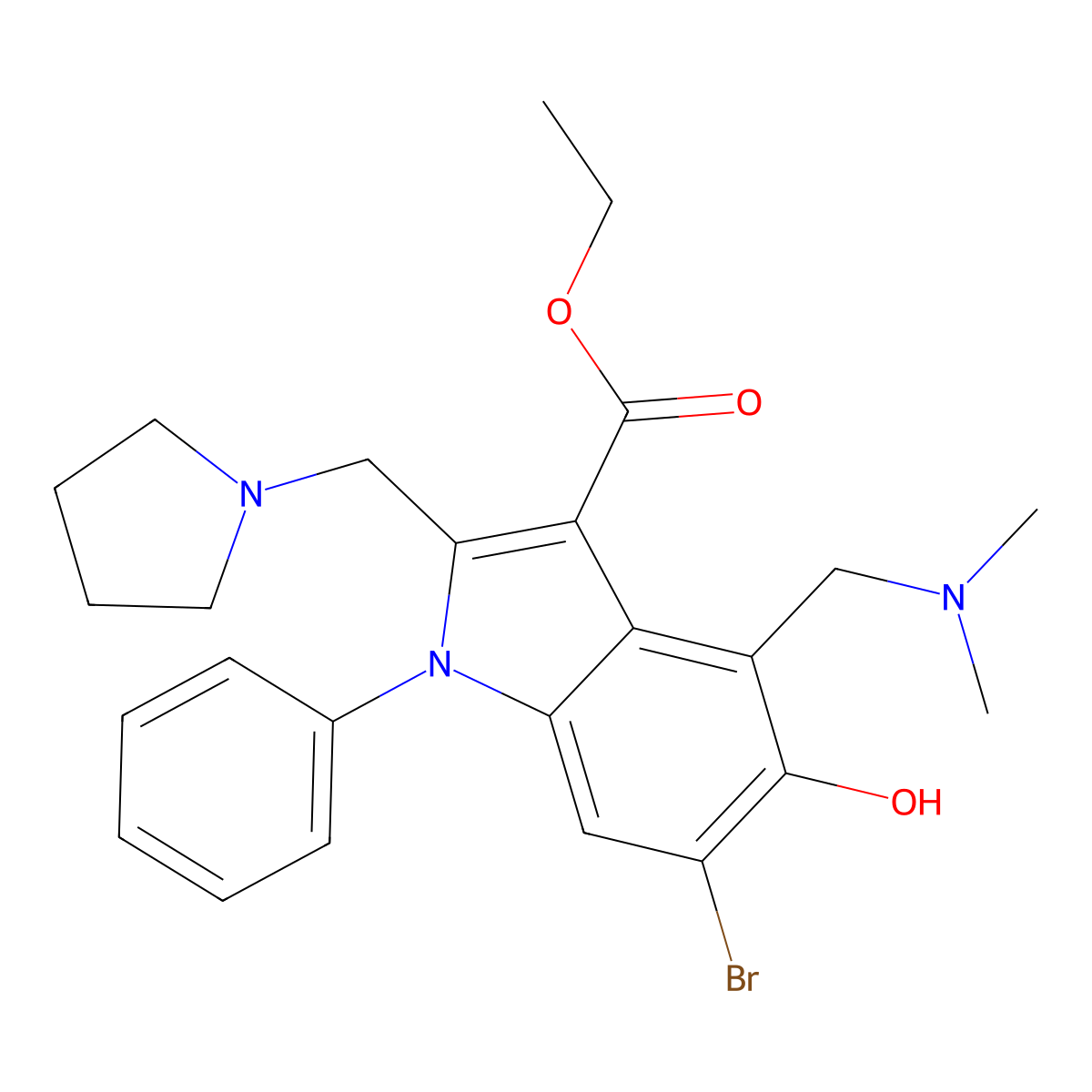 ethyl 6-bromo-4-[(dimethylamino)methyl]-5-hydroxy-1-phenyl-2-(1-pyrrolidinylmethyl)-1H-indole-3-carboxylate molecular structure, CAS 330556-87-1