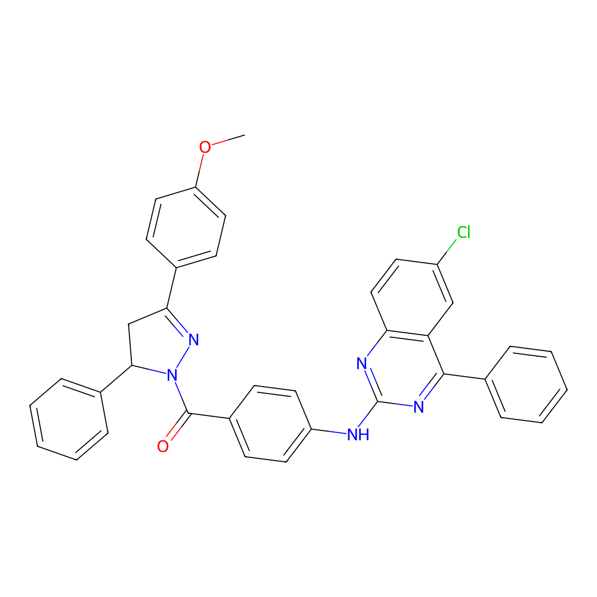 (4-((6-chloro-4-phenylquinazolin-2-yl)amino)phenyl)(3-(4-methoxyphenyl)-5-phenyl-4,5-dihydro-1H-pyrazol-1-yl)methanone molecular structure, CAS 330557-15-8