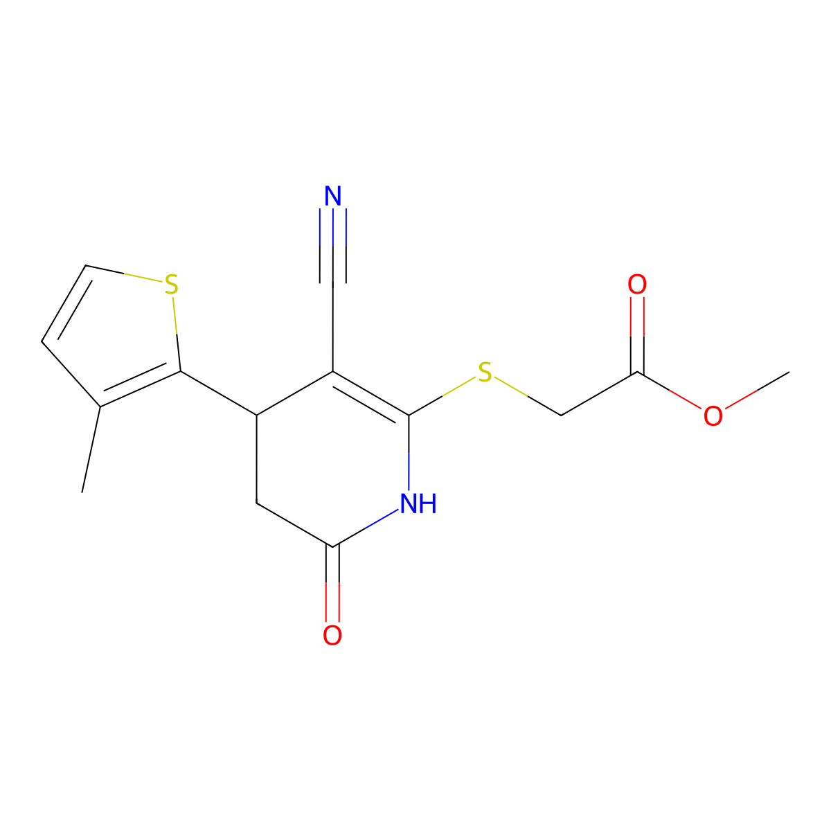 Methyl 2-{[3-cyano-4-(3-methylthiophen-2-yl)-6-oxo-1,4,5,6-tetrahydropyridin-2-yl]sulfanyl}acetate molecular structure, CAS 330557-65-8