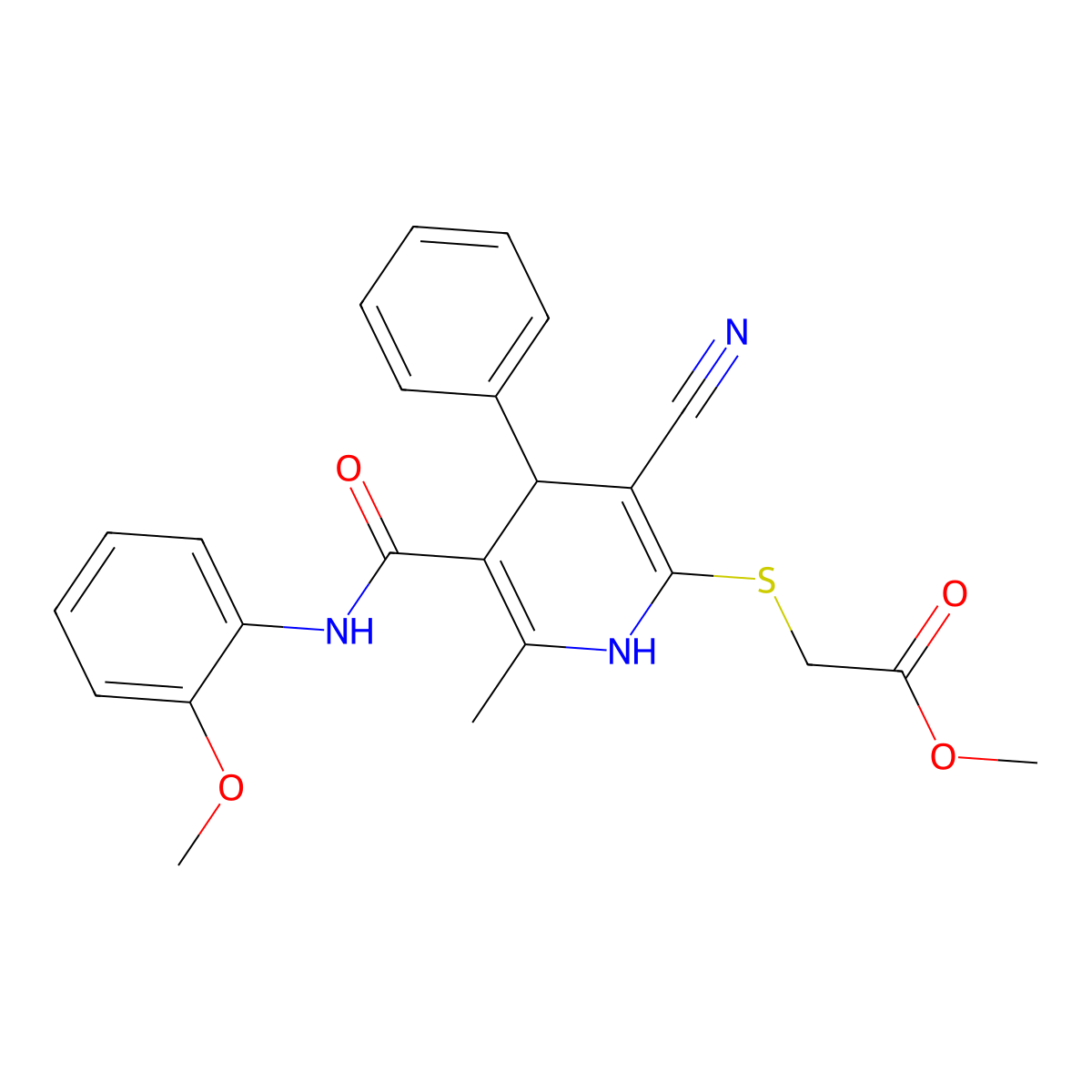 Methyl ({3-cyano-5-[(2-methoxyphenyl)carbamoyl]-6-methyl-4-phenyl-1,4-dihydropyridin-2-yl}sulfanyl)acetate molecular structure, CAS 330557-87-4
