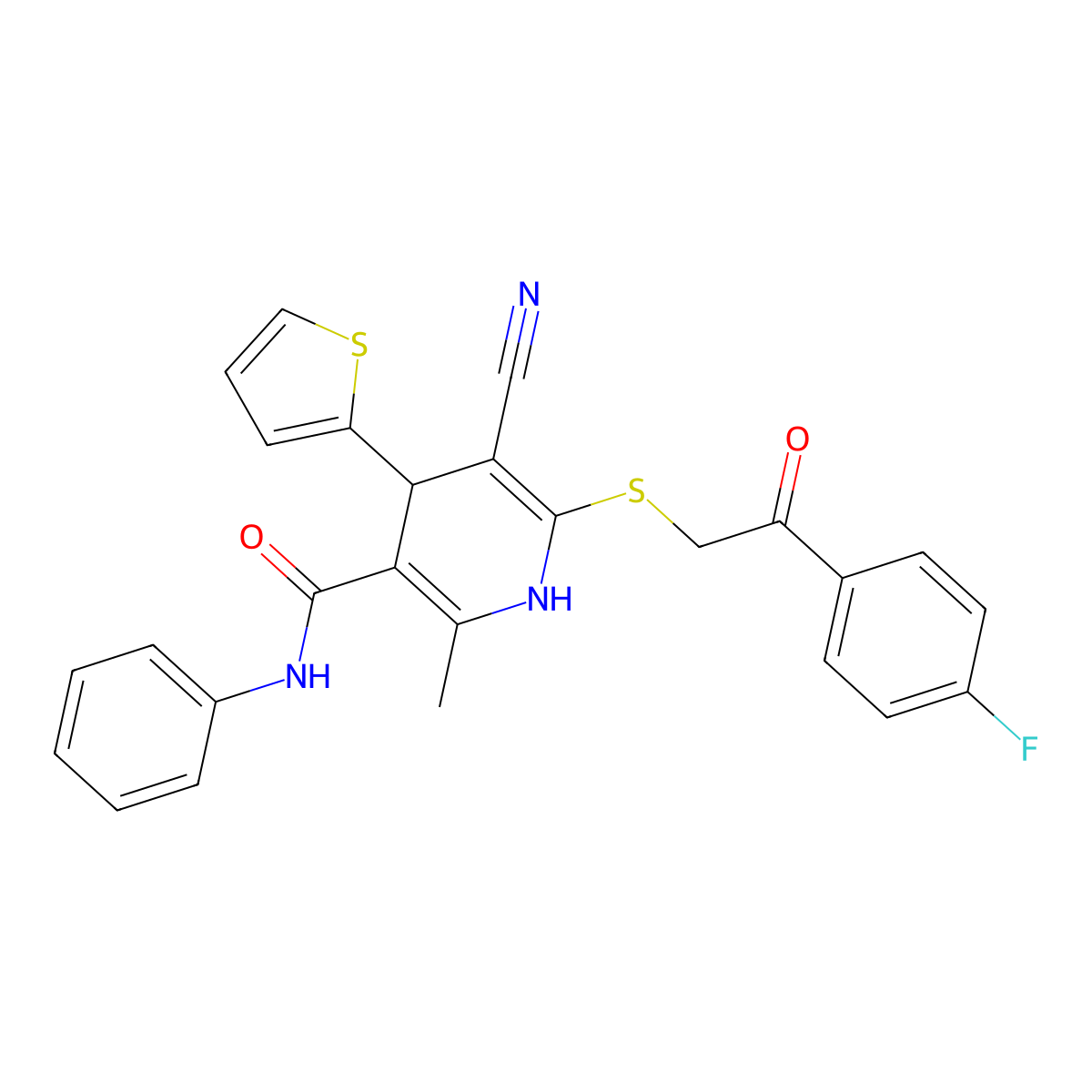5-cyano-6-{[2-(4-fluorophenyl)-2-oxoethyl]sulfanyl}-2-methyl-N-phenyl-4-(thiophen-2-yl)-1,4-dihydropyridine-3-carboxamide molecular structure, CAS 330557-88-5
