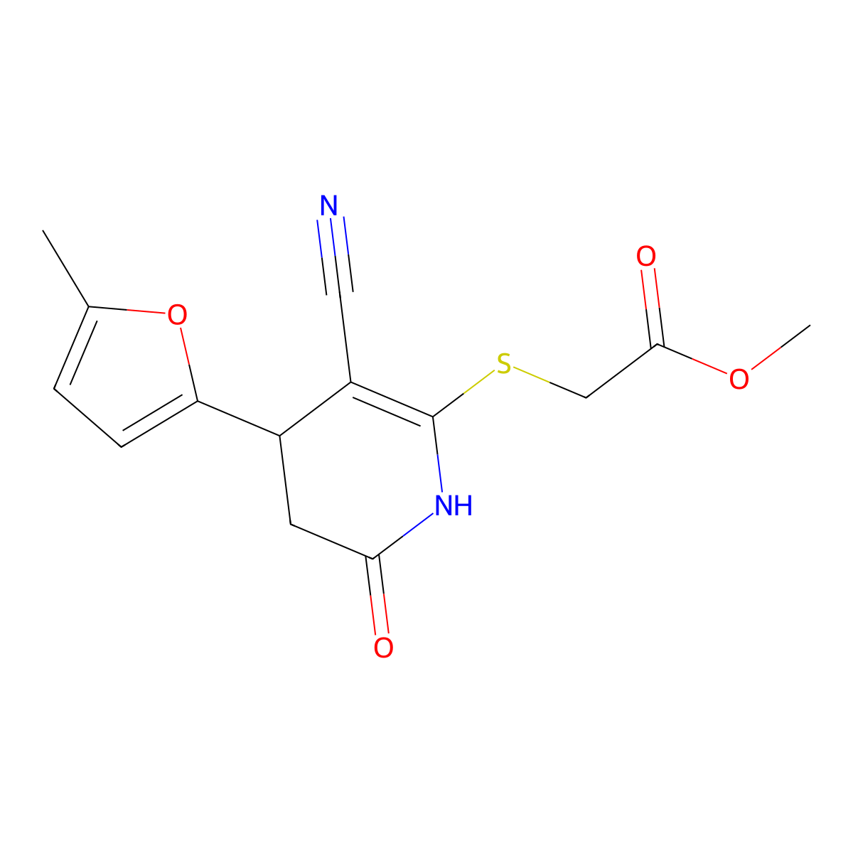 Methyl {[3-cyano-4-(5-methylfuran-2-yl)-6-oxo-1,4,5,6-tetrahydropyridin-2-yl]sulfanyl}acetate molecular structure, CAS 330557-89-6