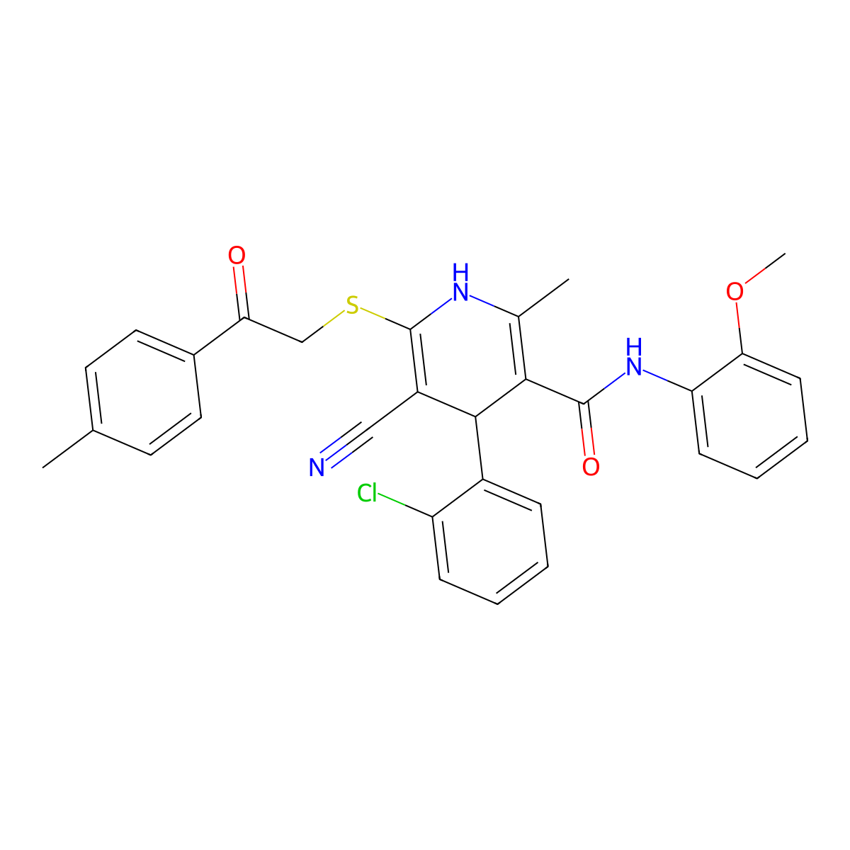 4-(2-chlorophenyl)-5-cyano-N-(2-methoxyphenyl)-2-methyl-6-{[2-(4-methylphenyl)-2-oxoethyl]sulfanyl}-1,4-dihydropyridine-3-carboxamide molecular structure, CAS 330557-98-7