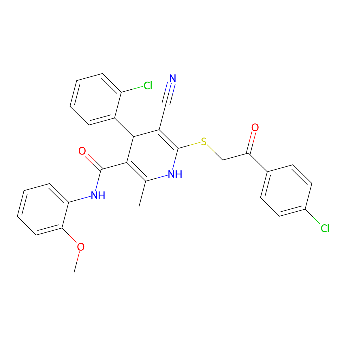 4-(2-chlorophenyl)-6-{[2-(4-chlorophenyl)-2-oxoethyl]sulfanyl}-5-cyano-N-(2-methoxyphenyl)-2-methyl-1,4-dihydropyridine-3-carboxamide molecular structure, CAS 330558-00-4