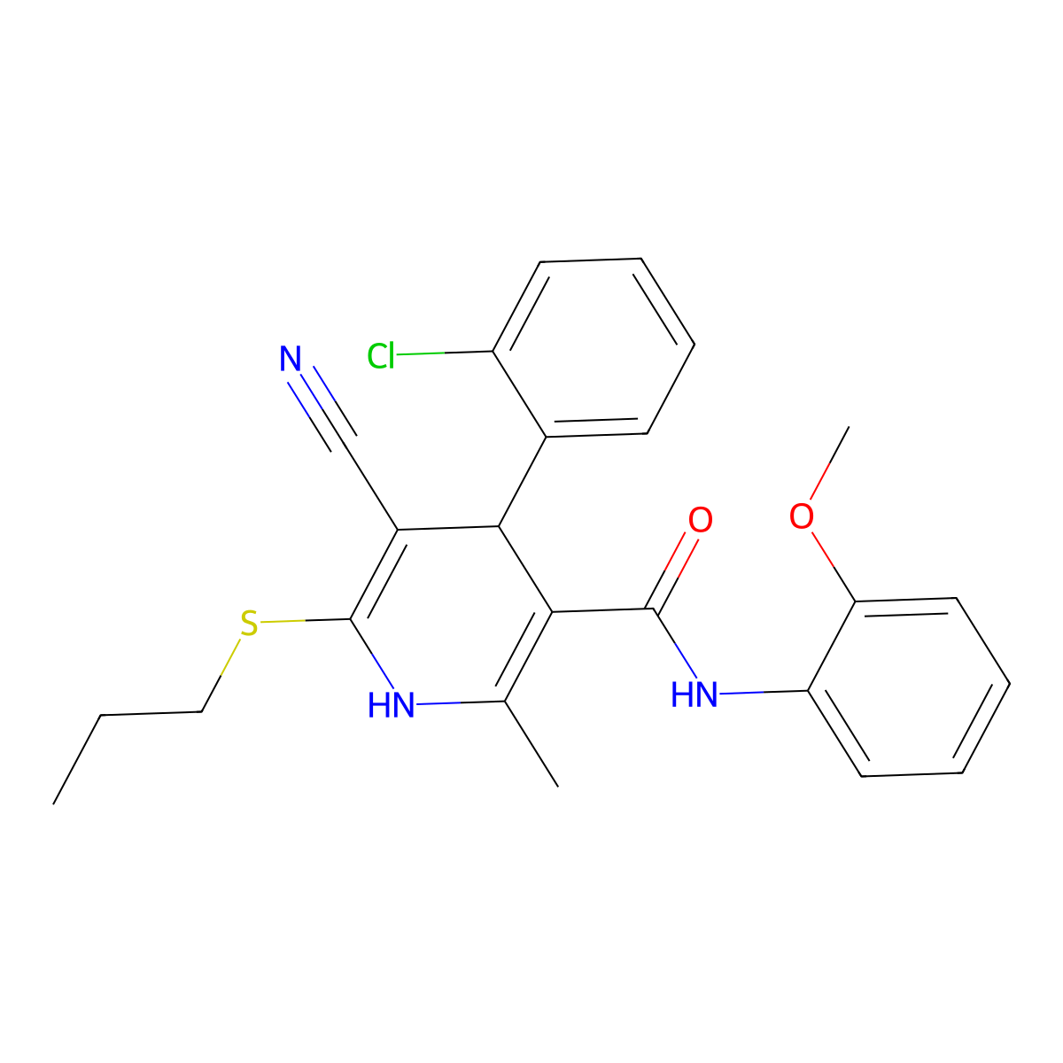 4-(2-chlorophenyl)-5-cyano-N-(2-methoxyphenyl)-2-methyl-6-propylsulfanyl-1,4-dihydropyridine-3-carboxamide molecular structure, CAS 330558-01-5