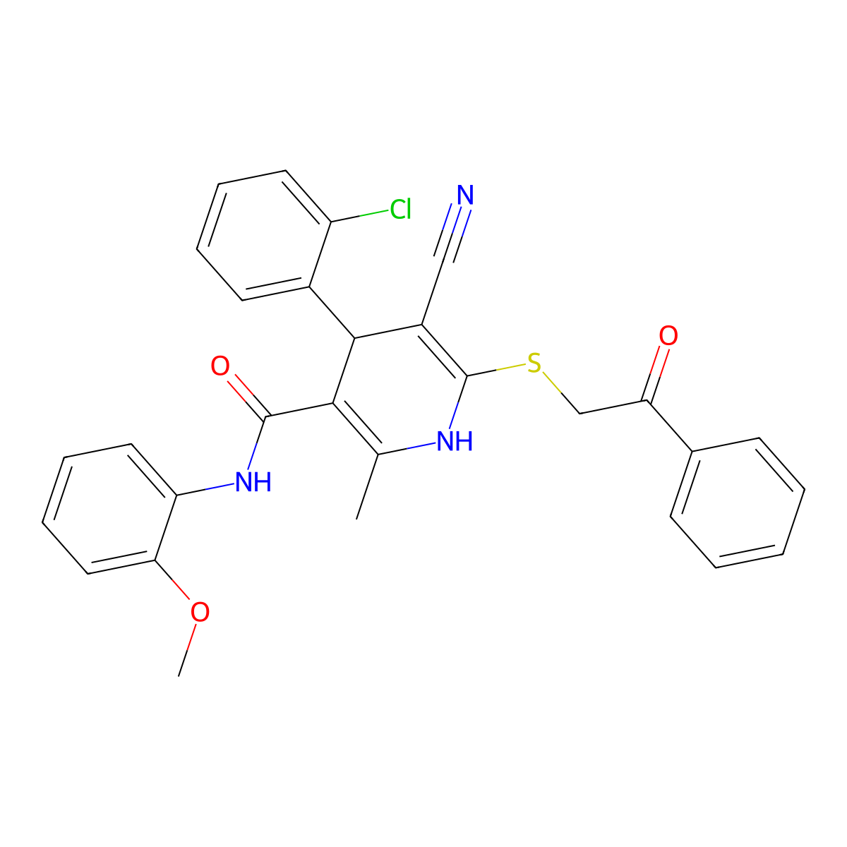 4-(2-chlorophenyl)-5-cyano-N-(2-methoxyphenyl)-2-methyl-6-[(2-oxo-2-phenylethyl)sulfanyl]-1,4-dihydropyridine-3-carboxamide molecular structure, CAS 330558-02-6
