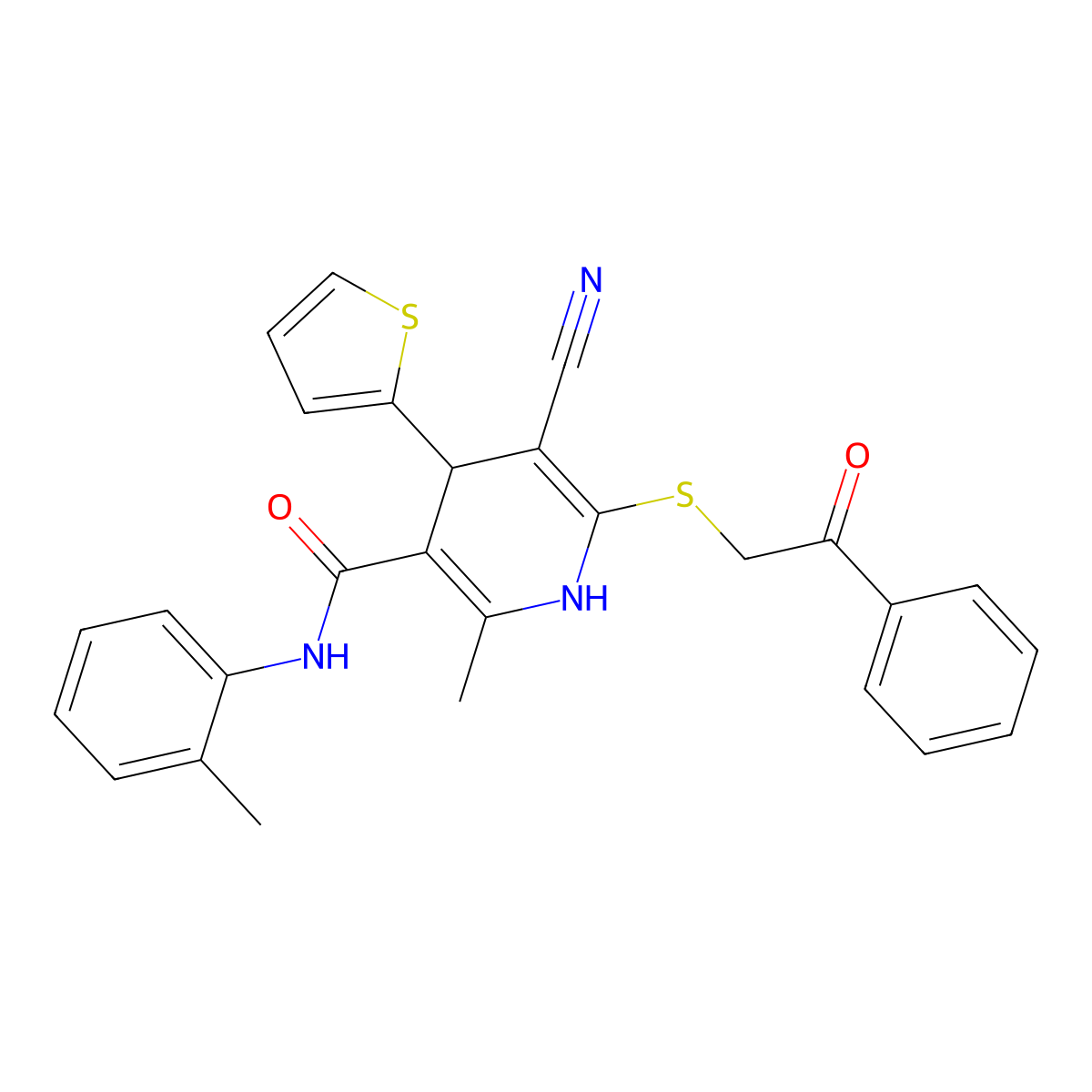 5-cyano-2-methyl-N-(2-methylphenyl)-6-[(2-oxo-2-phenylethyl)sulfanyl]-4-(thiophen-2-yl)-1,4-dihydropyridine-3-carboxamide molecular structure, CAS 330558-04-8