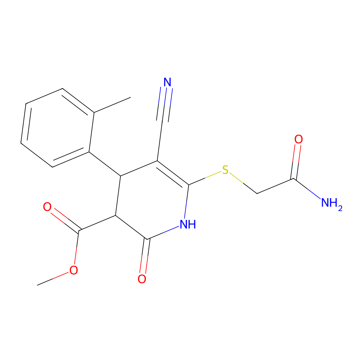 methyl 6-(2-amino-2-oxoethyl)sulfanyl-5-cyano-4-(2-methylphenyl)-2-oxo-3,4-dihydro-1H-pyridine-3-carboxylate molecular structure, CAS 330558-09-3