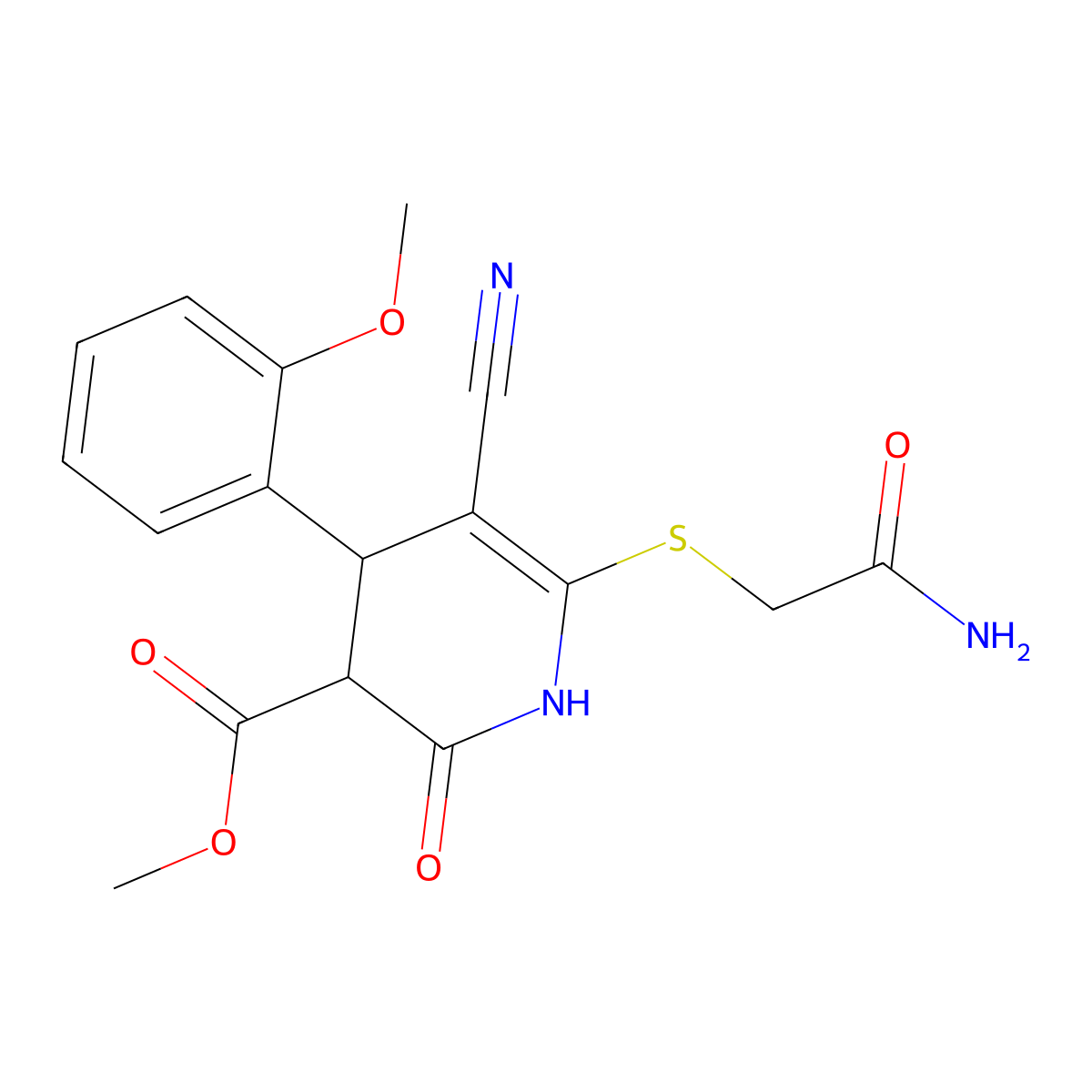 methyl 6-(2-amino-2-oxoethyl)sulfanyl-5-cyano-4-(2-methoxyphenyl)-2-oxo-3,4-dihydro-1H-pyridine-3-carboxylate molecular structure, CAS 330558-10-6