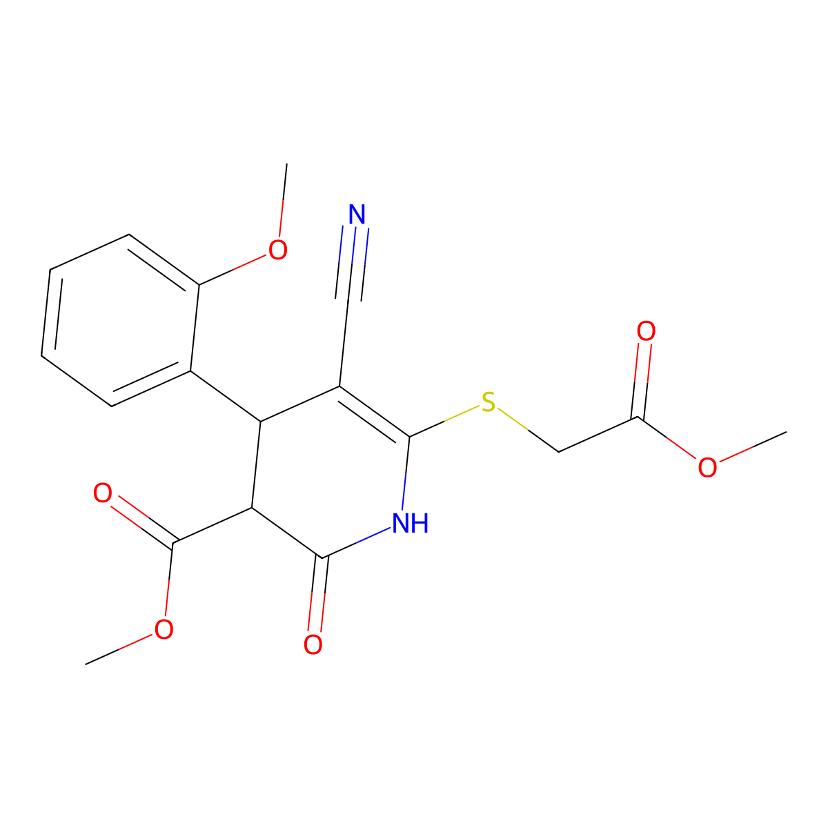 Methyl 5-cyano-6-[(2-methoxy-2-oxoethyl)sulfanyl]-4-(2-methoxyphenyl)-2-oxo-1,2,3,4-tetrahydropyridine-3-carboxylate molecular structure, CAS 330558-11-7