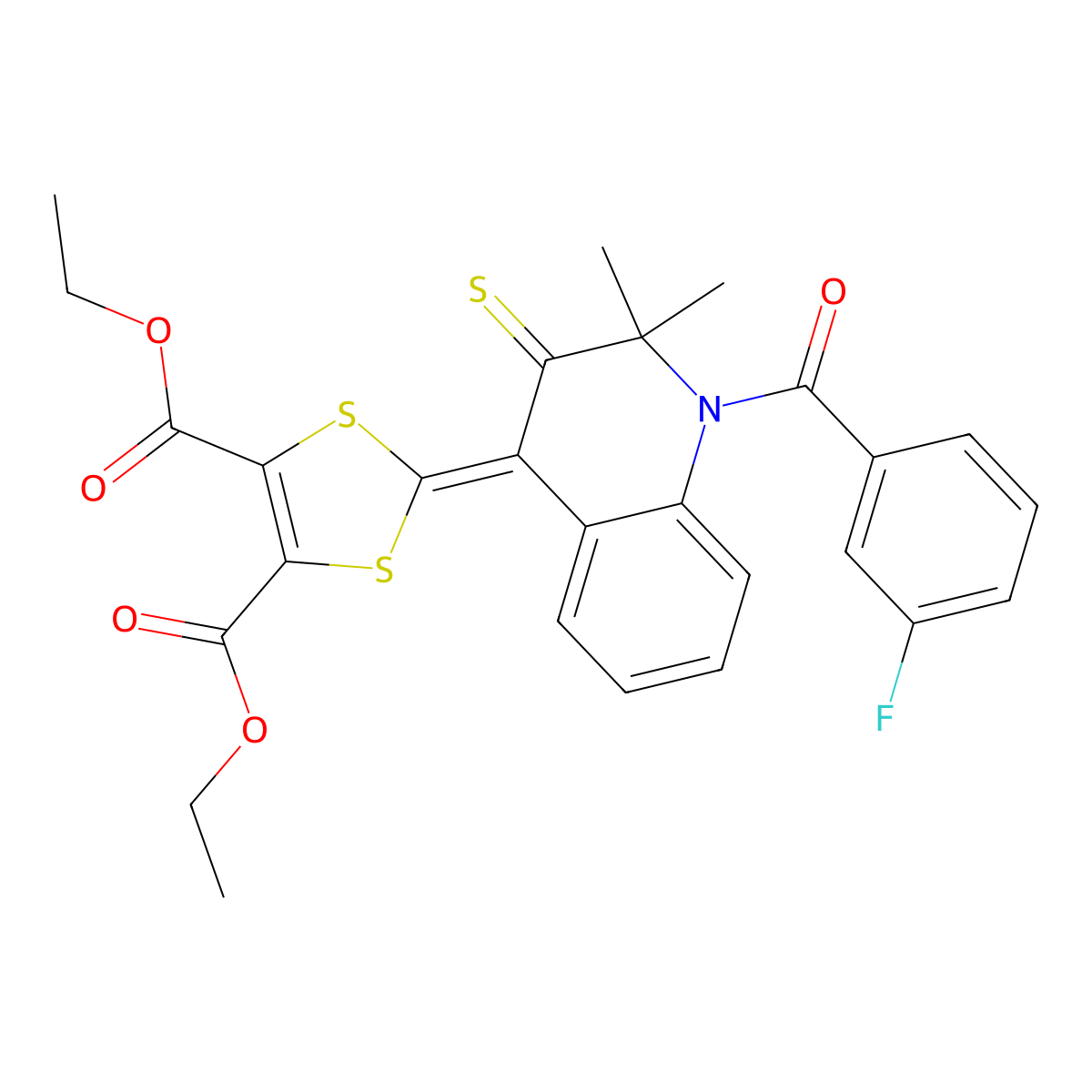 diethyl 2-(1-(3-fluorobenzoyl)-2,2-dimethyl-3-thioxo-2,3-dihydro-4(1H)-quinolinylidene)-1,3-dithiole-4,5-dicarboxylate molecular structure, CAS 330561-03-0
