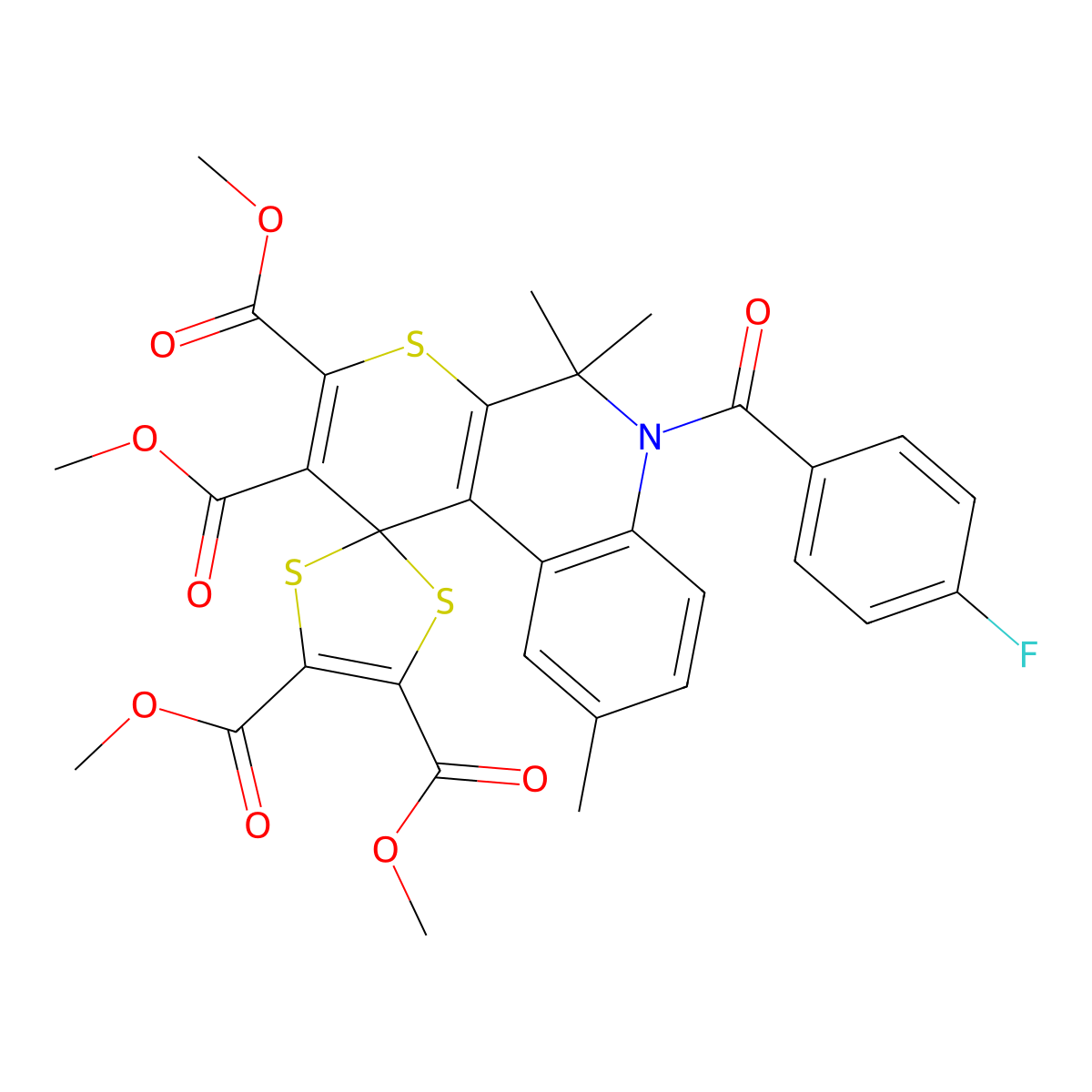 Tetramethyl 6'-(4-fluorobenzoyl)-5',5',9'-trimethylspiro[1,3-dithiole-2,1'-thiopyrano[2,3-c]quinoline]-2',3',4,5-tetracarboxylate molecular structure, CAS 330561-08-5