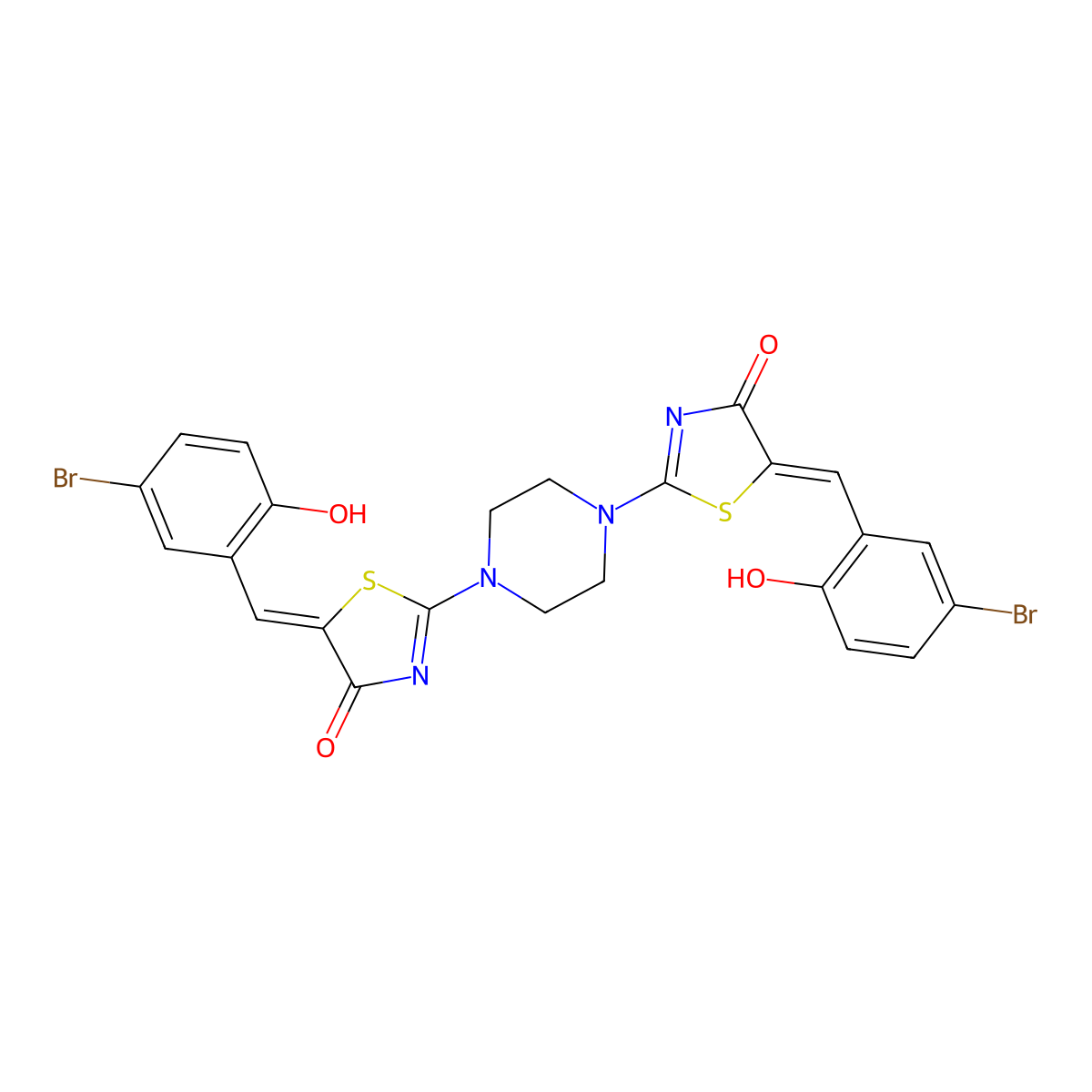 2,2a(2)-(1,4-Piperazinediyl)bis[5-[(5-bromo-2-hydroxyphenyl)methylene]-4(5H)-thiazolone] molecular structure, CAS 330591-84-9