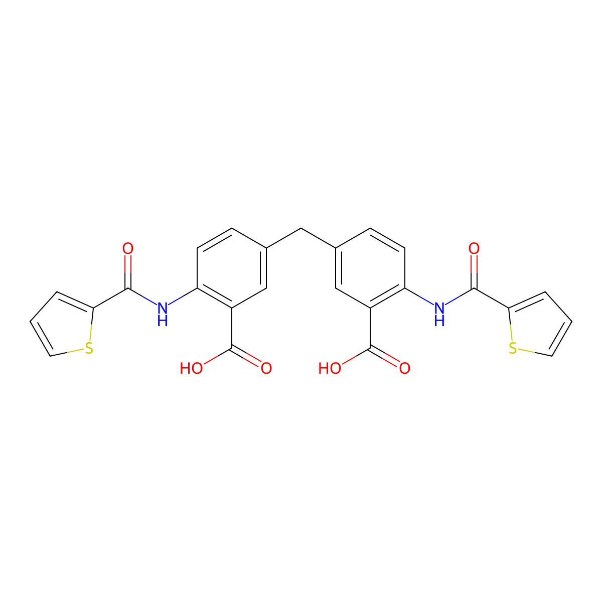5-[[3-Carboxy-4-(thiophene-2-carbonylamino)phenyl]methyl]-2-(thiophene-2-carbonylamino)benzoic acid molecular structure, CAS 330635-65-9