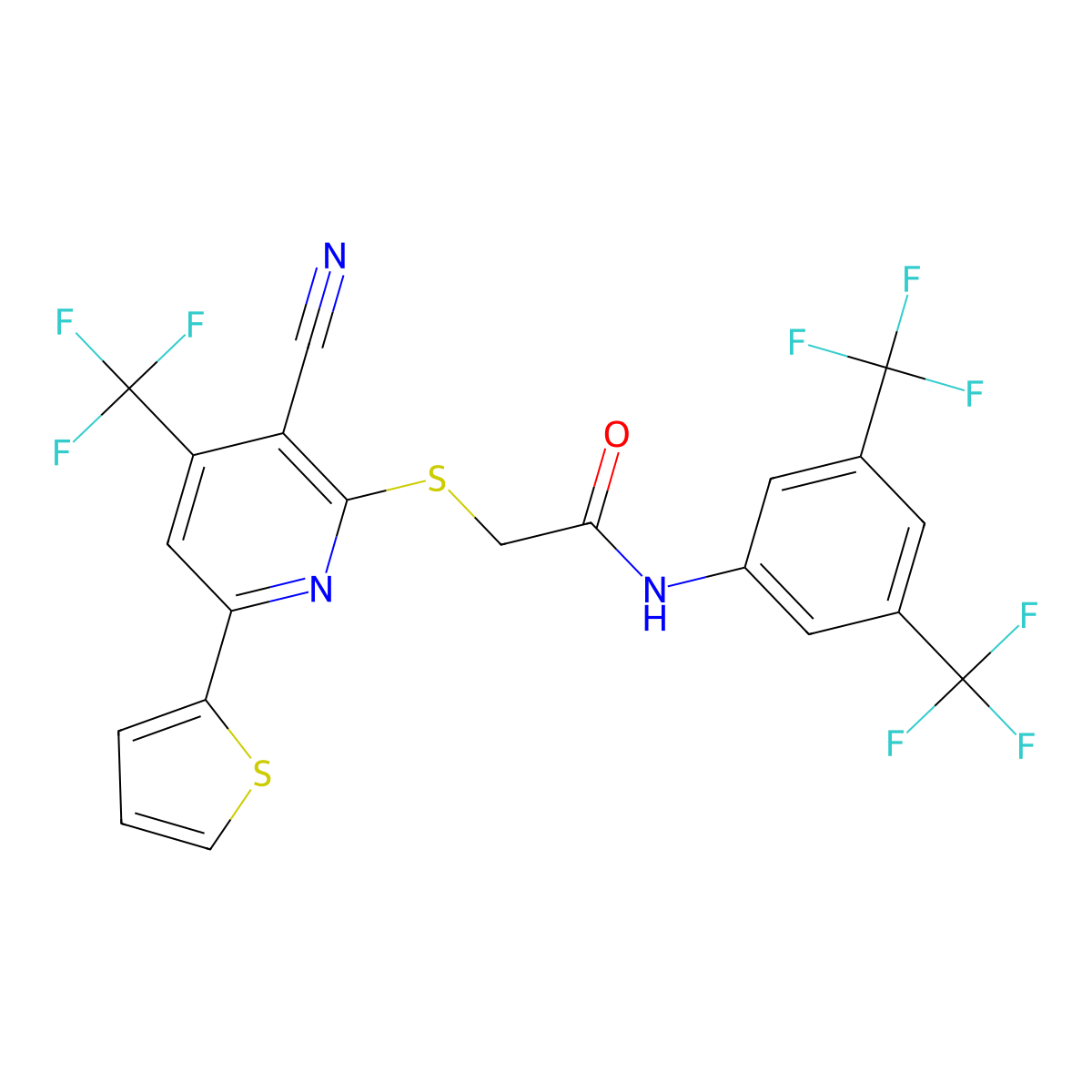 N-(3,5-Bis(trifluoromethyl)phenyl)-2-((3-cyano-6-(2-thienyl)-4-(trifluoromethyl)-2-pyridinyl)sulfanyl)acetamide molecular structure, CAS 330643-81-7