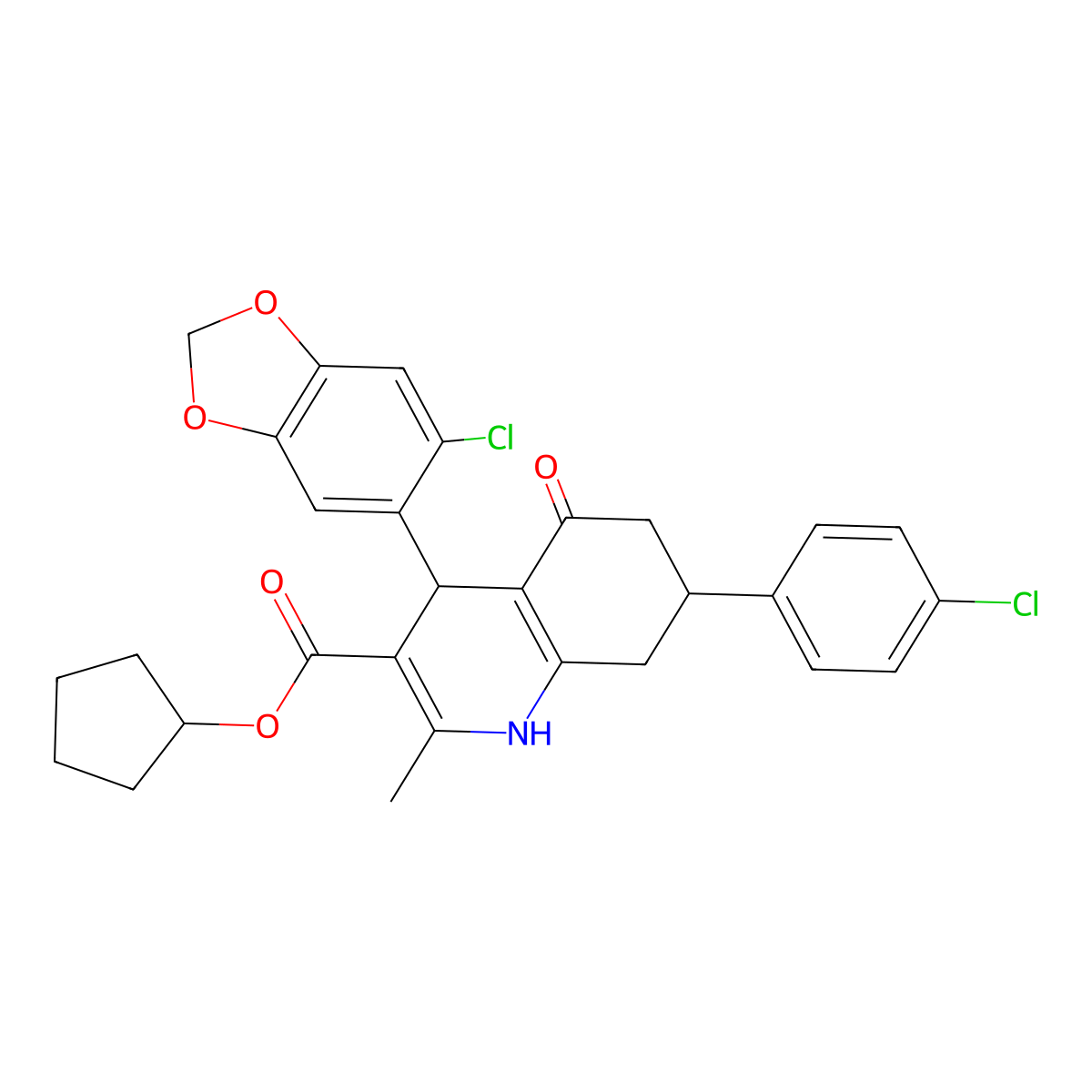 Cyclopentyl 4-(6-chloro-1,3-benzodioxol-5-yl)-7-(4-chlorophenyl)-2-methyl-5-oxo-1,4,5,6,7,8-hexahydroquinoline-3-carboxylate molecular structure, CAS 330644-06-9