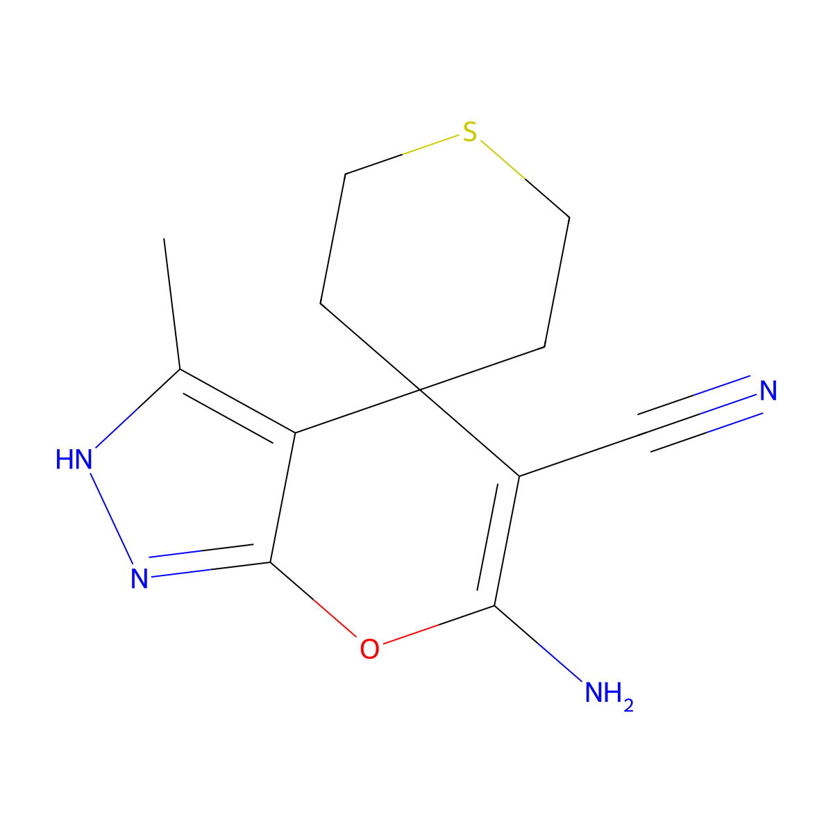 6-amino-3-methylspiro[2H-pyrano[2,3-c]pyrazole-4,4'-thiane]-5-carbonitrile molecular structure, CAS 330645-45-9