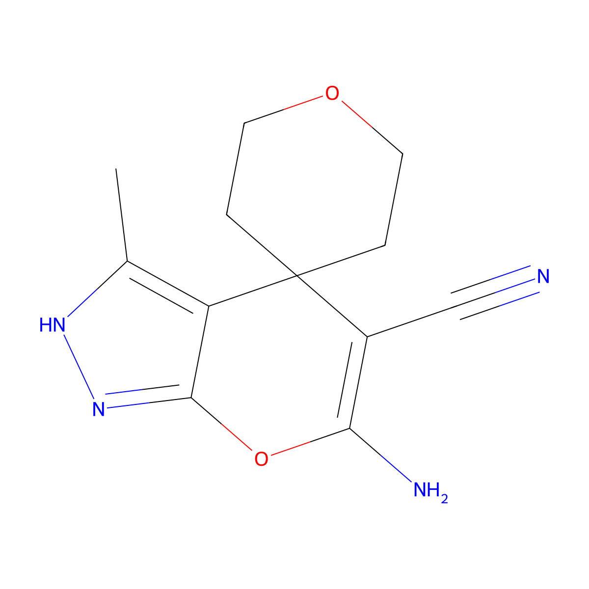 6-amino-3-methylspiro[2H-pyrano[2,3-c]pyrazole-4,4'-oxane]-5-carbonitrile molecular structure, CAS 330645-46-0