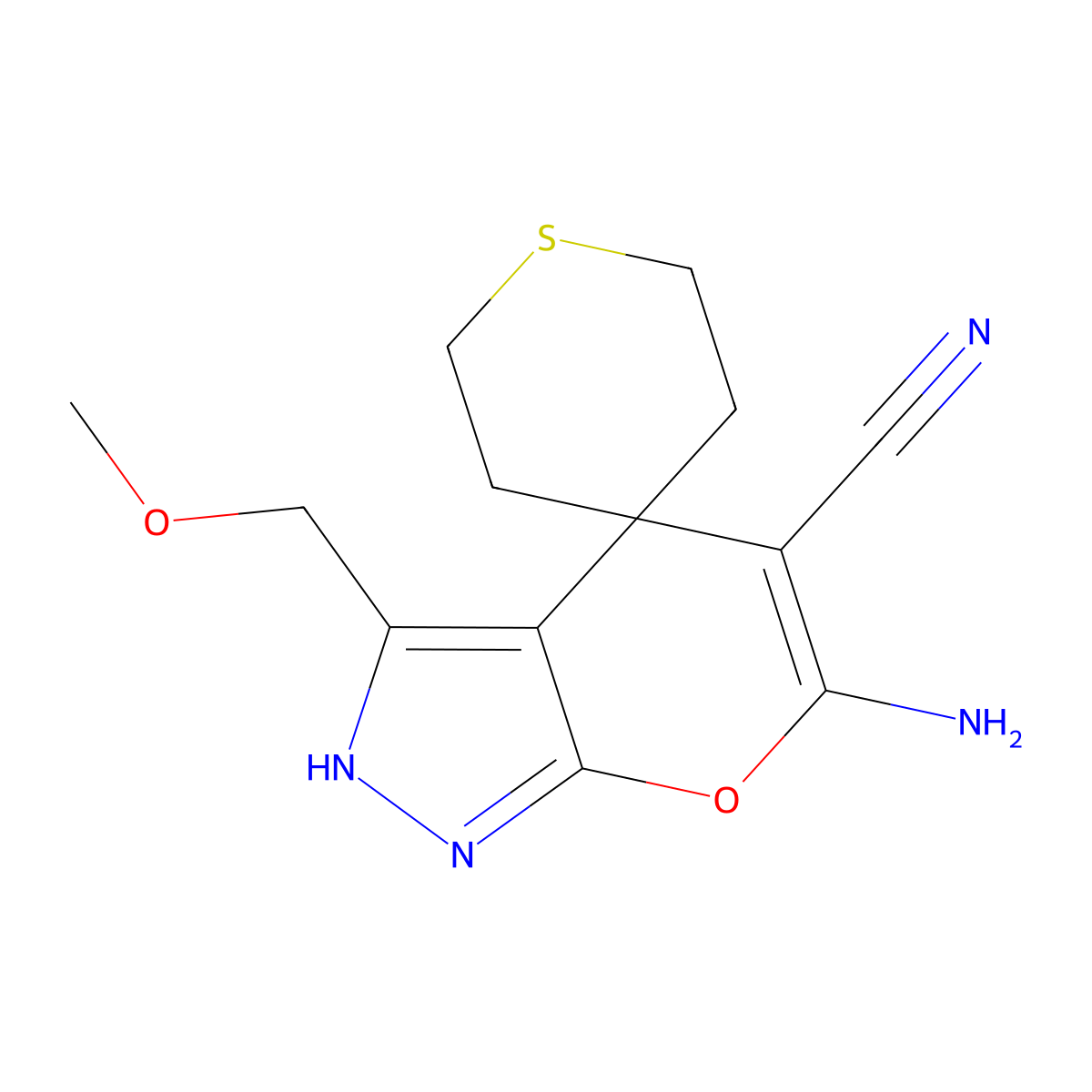 6-amino-3-(methoxymethyl)-5-spiro[2H-pyrano[2,3-c]pyrazole-4,4'-thiane]carbonitrile molecular structure, CAS 330645-48-2