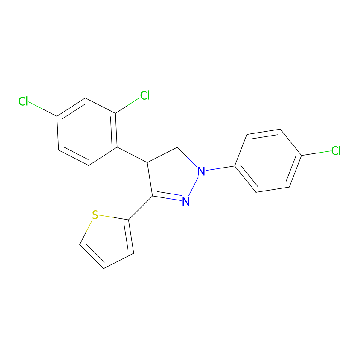 2-(4-Chlorophenyl)-4-(2,4-dichlorophenyl)-5-thiophen-2-yl-3,4-dihydropyrazole molecular structure, CAS 330657-70-0