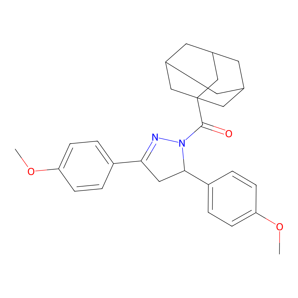 1-(adamantane-1-carbonyl)-3,5-bis(4-methoxyphenyl)-4,5-dihydro-1H-pyrazole molecular structure, CAS 330662-83-4
