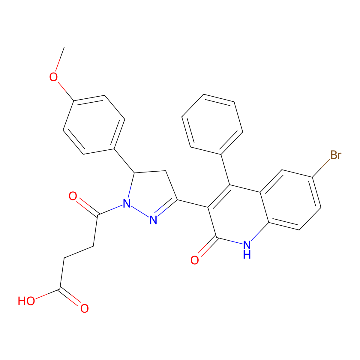 4-(3-(6-bromo-2-oxo-4-phenyl-1,2-dihydroquinolin-3-yl)-5-(4-methoxyphenyl)-4,5-dihydro-1H-pyrazol-1-yl)-4-oxobutanoic acid molecular structure, CAS 330662-89-0