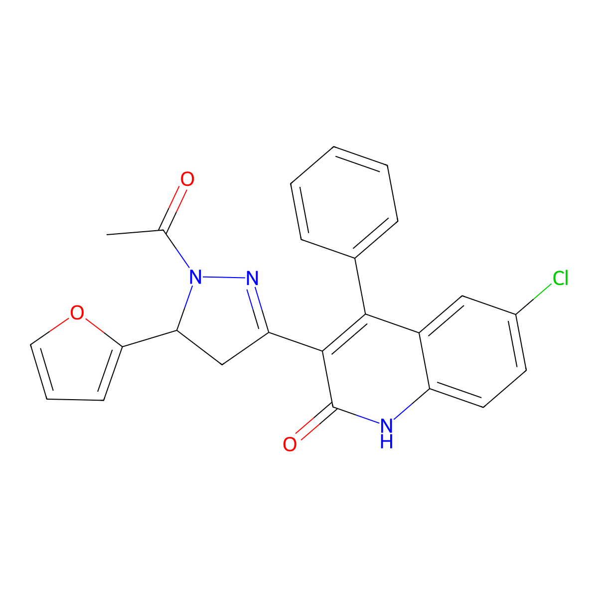 3-[1-acetyl-5-(2-furyl)-4,5-dihydro-1H-pyrazol-3-yl]-6-chloro-4-phenyl-2(1H)-quinolinone molecular structure, CAS 330662-92-5