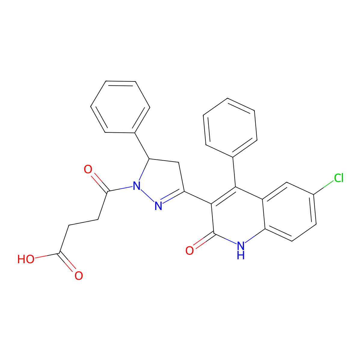 4-[(3E)-3-(6-chloro-2-oxo-4-phenylquinolin-3-ylidene)-5-phenylpyrazolidin-1-yl]-4-oxobutanoic acid molecular structure, CAS 330663-01-9