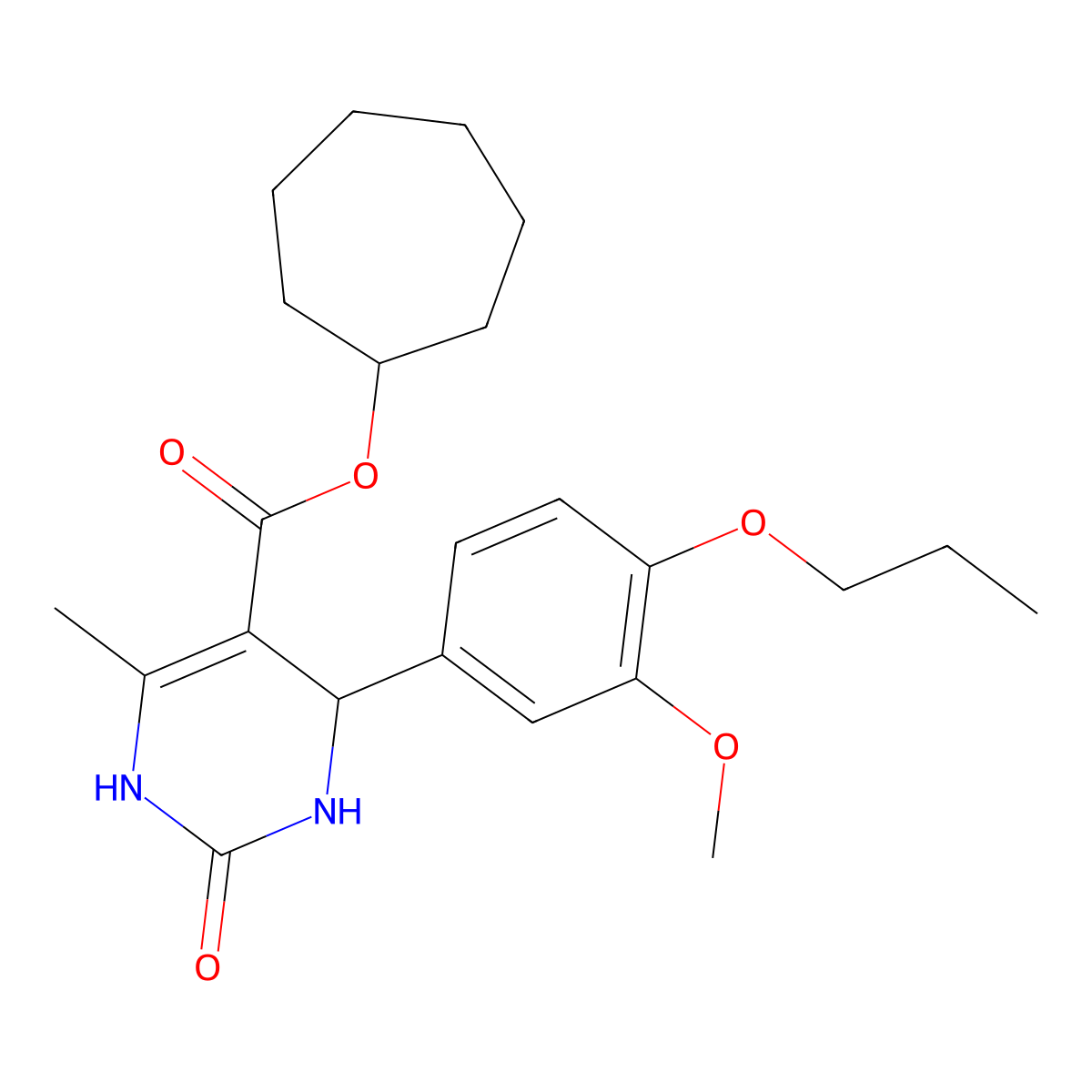 Cycloheptyl 4-(3-methoxy-4-propoxyphenyl)-6-methyl-2-oxo-1,2,3,4-tetrahydro-5-pyrimidinecarboxylate molecular structure, CAS 330674-37-8