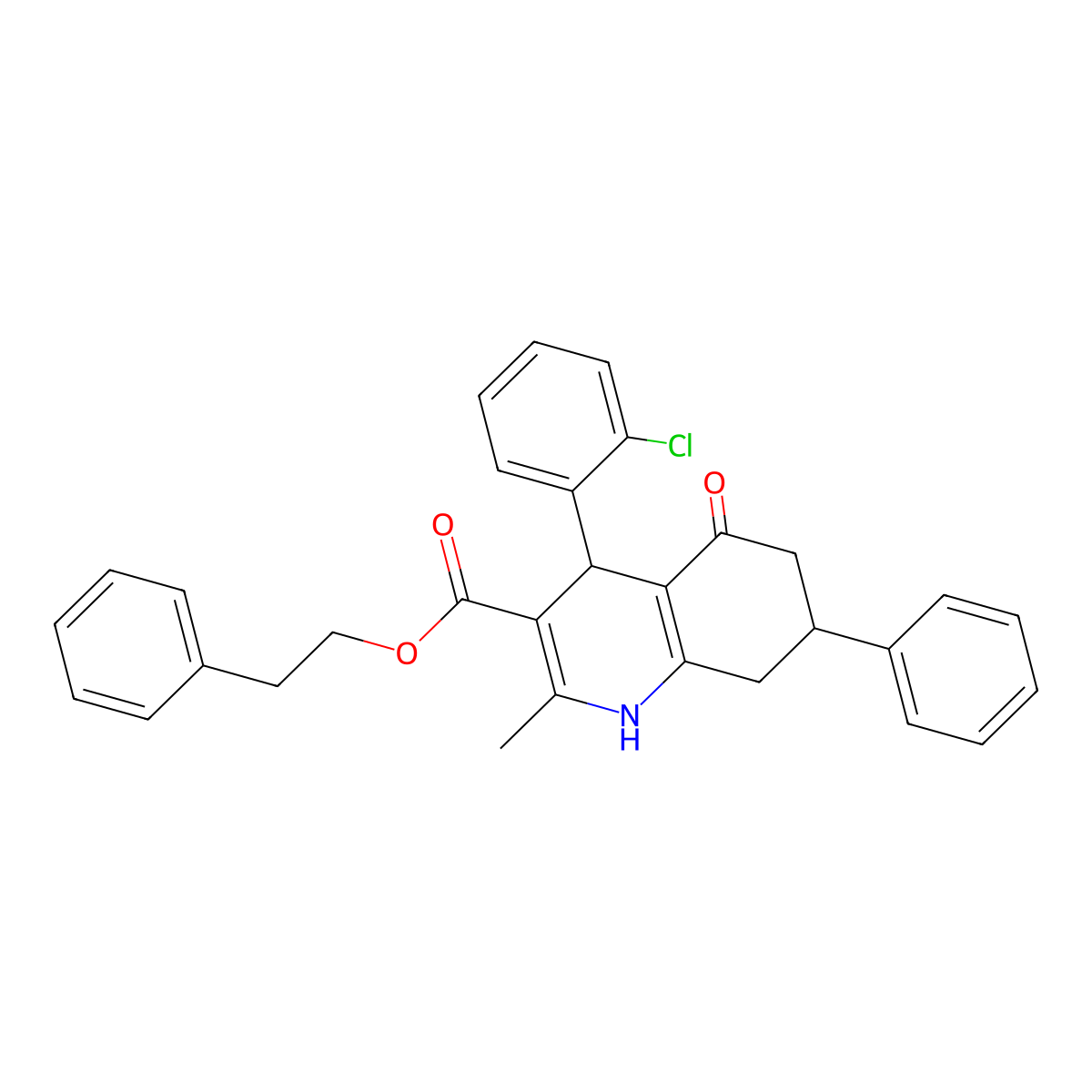 2-Phenylethyl 4-(2-chlorophenyl)-2-methyl-5-oxo-7-phenyl-1,4,5,6,7,8-hexahydroquinoline-3-carboxylate molecular structure, CAS 330674-41-4