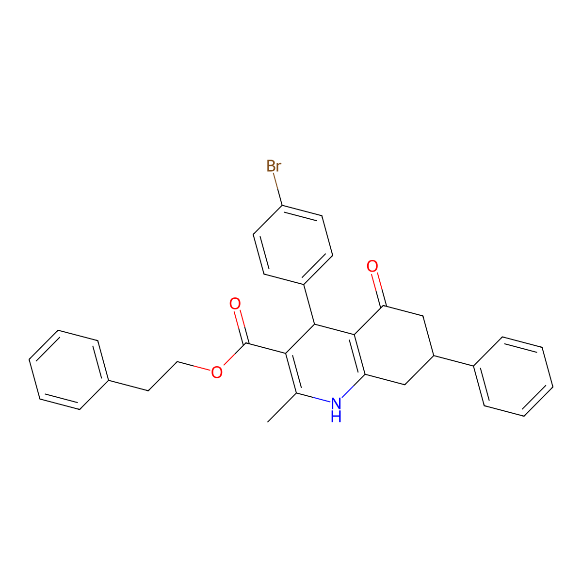 2-Phenylethyl 4-(4-bromophenyl)-2-methyl-5-oxo-7-phenyl-1,4,5,6,7,8-hexahydroquinoline-3-carboxylate molecular structure, CAS 330674-49-2