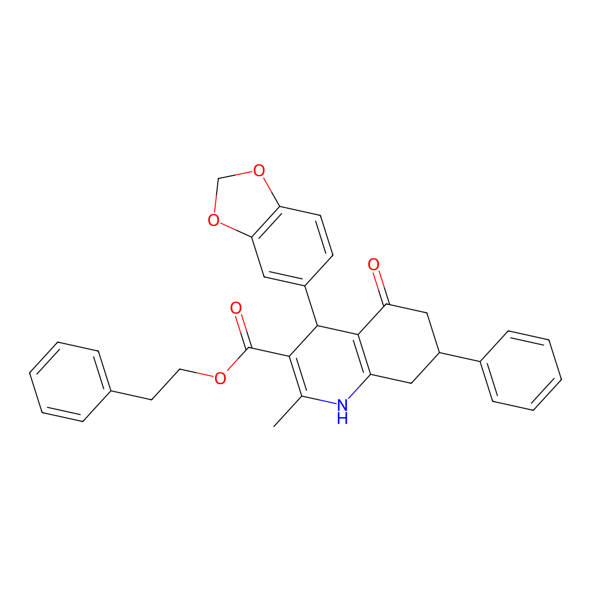 2-Phenylethyl 4-(1,3-benzodioxol-5-yl)-2-methyl-5-oxo-7-phenyl-1,4,5,6,7,8-hexahydroquinoline-3-carboxylate molecular structure, CAS 330674-50-5