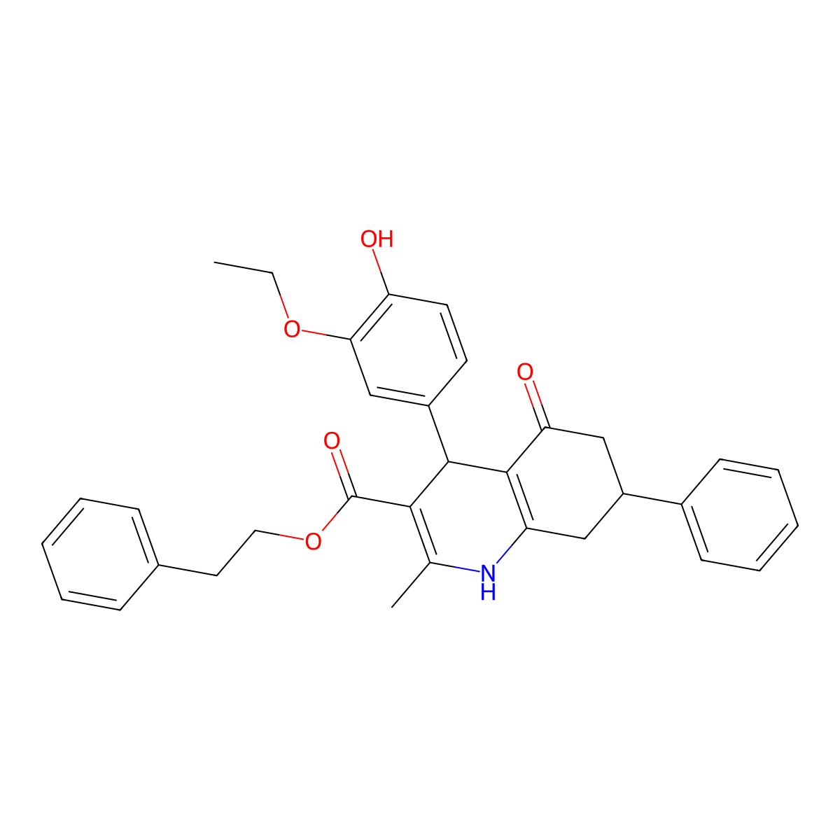2-Phenylethyl 4-(3-ethoxy-4-hydroxyphenyl)-2-methyl-5-oxo-7-phenyl-1,4,5,6,7,8-hexahydroquinoline-3-carboxylate molecular structure, CAS 330674-67-4