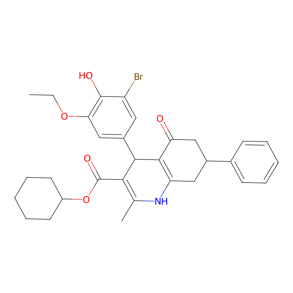 Cyclohexyl 4-(3-bromo-5-ethoxy-4-hydroxyphenyl)-2-methyl-5-oxo-7-phenyl-1,4,5,6,7,8-hexahydroquinoline-3-carboxylate molecular structure, CAS 330674-85-6