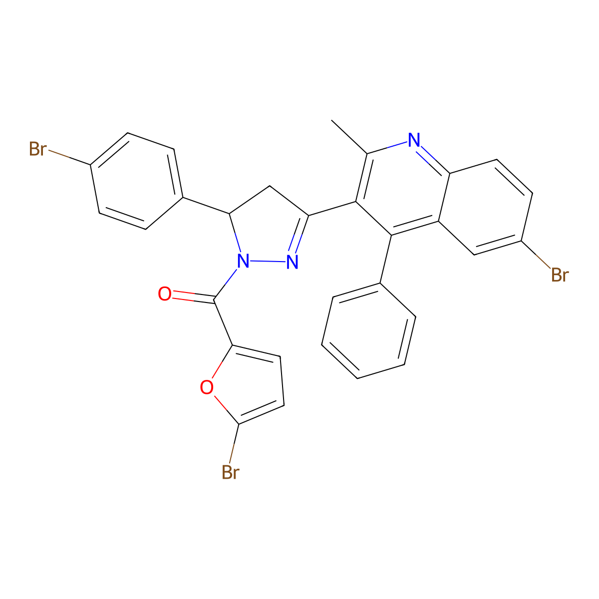 (5-Bromofuran-2-yl)-[5-(6-bromo-2-methyl-4-phenylquinolin-3-yl)-3-(4-bromophenyl)-3,4-dihydropyrazol-2-yl]methanone molecular structure, CAS 330676-16-9
