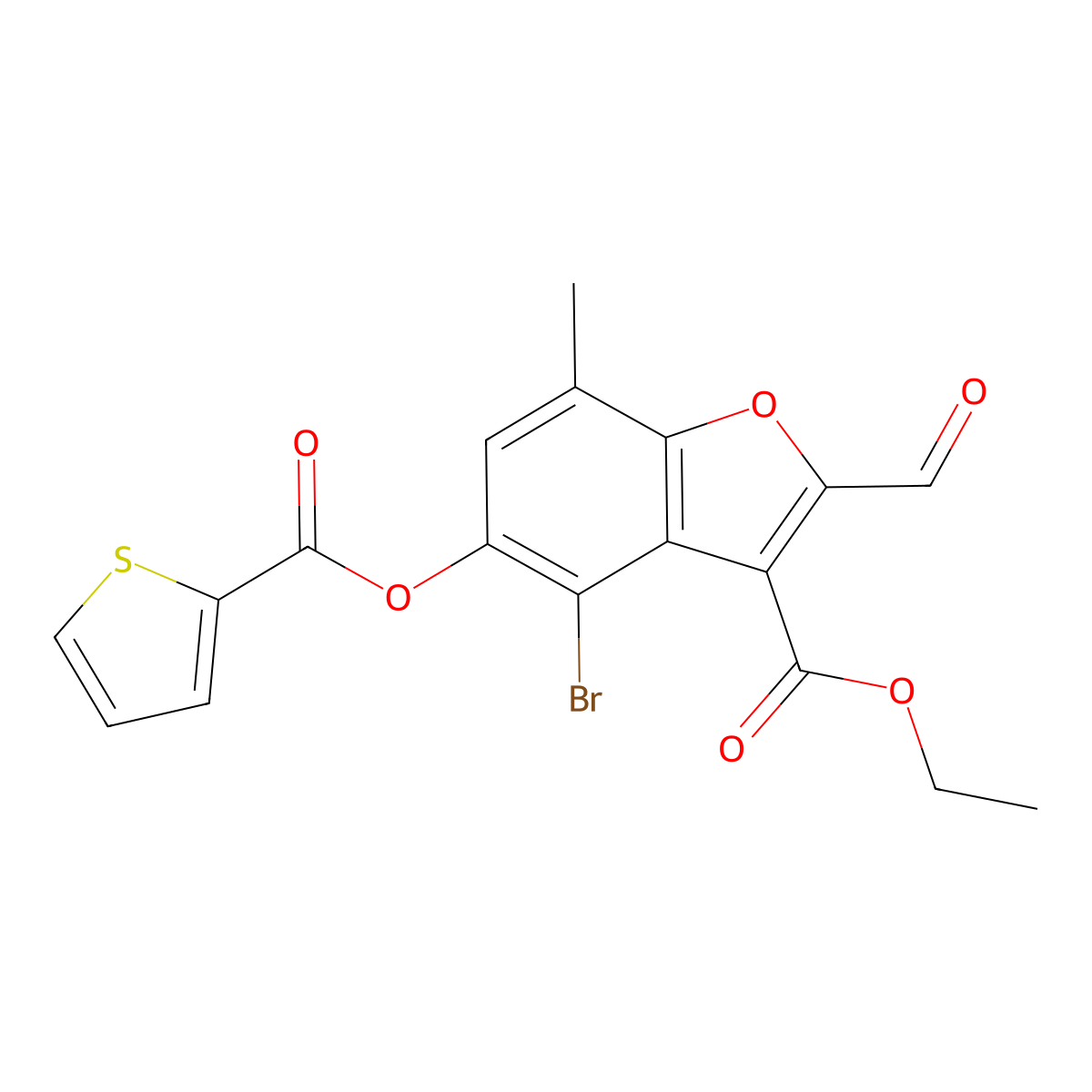 Ethyl 4-bromo-2-formyl-7-methyl-5-(thiophene-2-carbonyloxy)-1-benzofuran-3-carboxylate molecular structure, CAS 330676-32-9