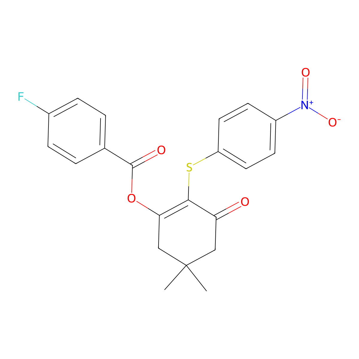 5,5-Dimethyl-2-[(4-nitrophenyl)sulfanyl]-3-oxocyclohex-1-en-1-yl 4-fluorobenzoate molecular structure, CAS 330677-35-5