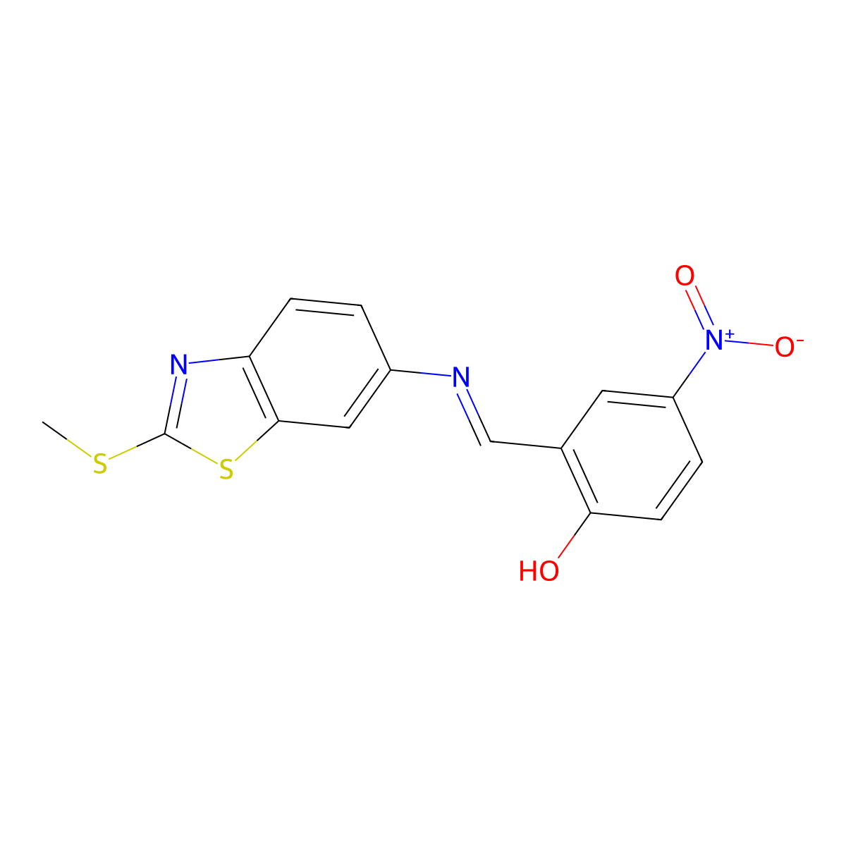 (E)-2-(((2-(methylthio)benzo[d]thiazol-6-yl)imino)methyl)-4-nitrophenol molecular structure, CAS 330677-83-3
